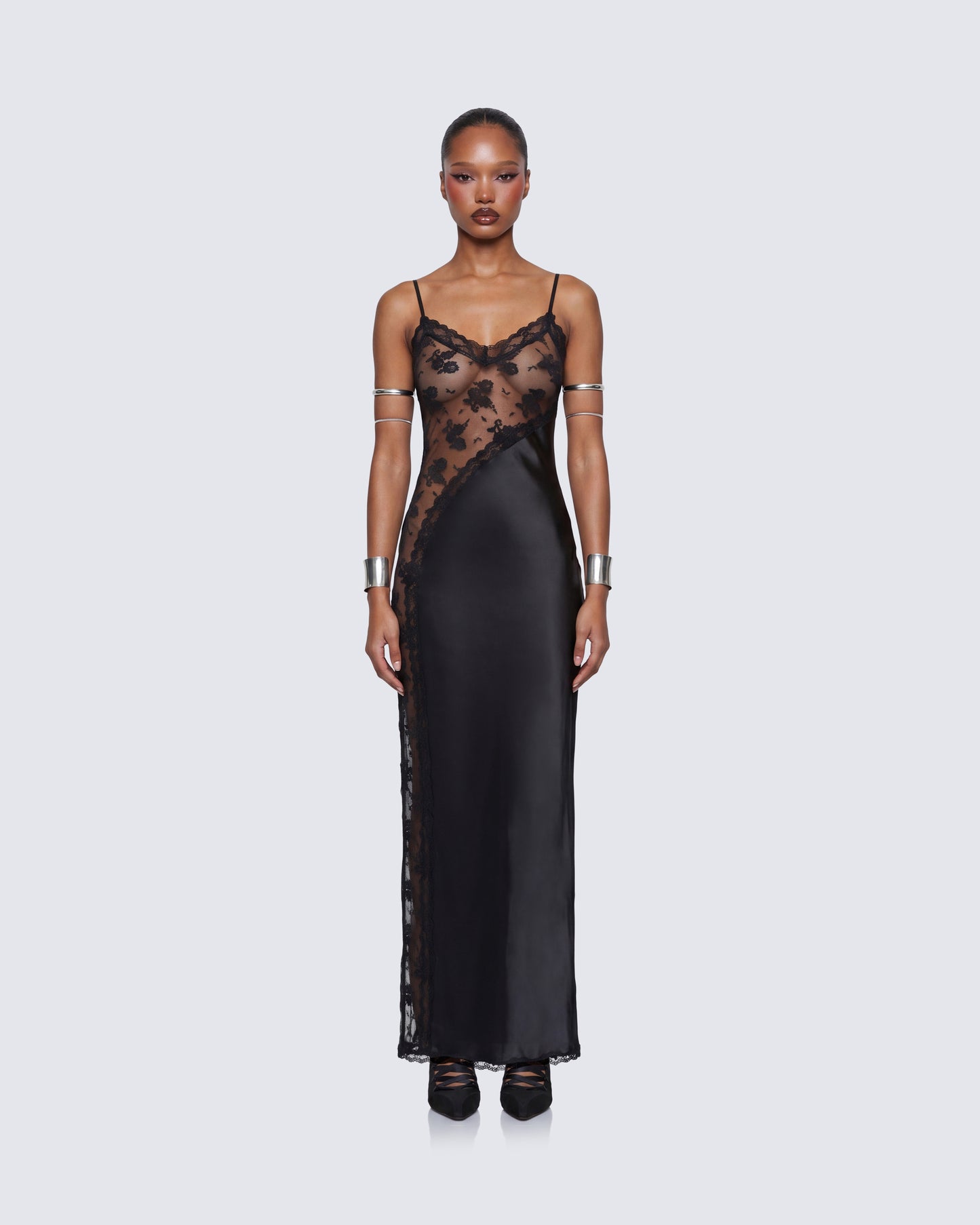 June Black Lace Satin Mix Maxi Dress model front