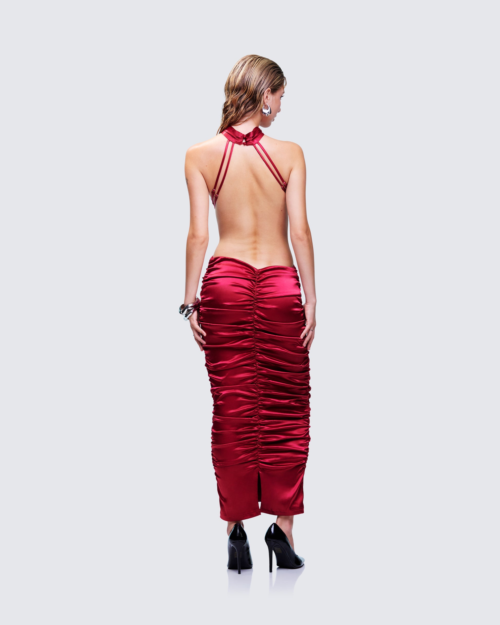 backless red midi dress KATHY RED SATIN BACKLESS GOWN | CULT MIA