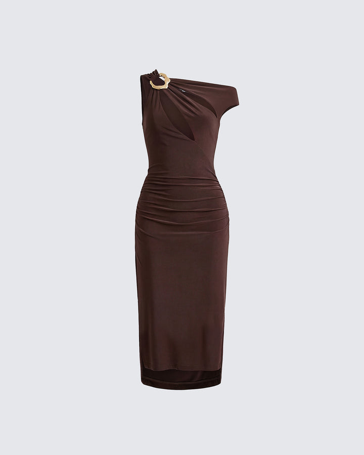 Justyna Brown Slash Neck Assym Dress product front