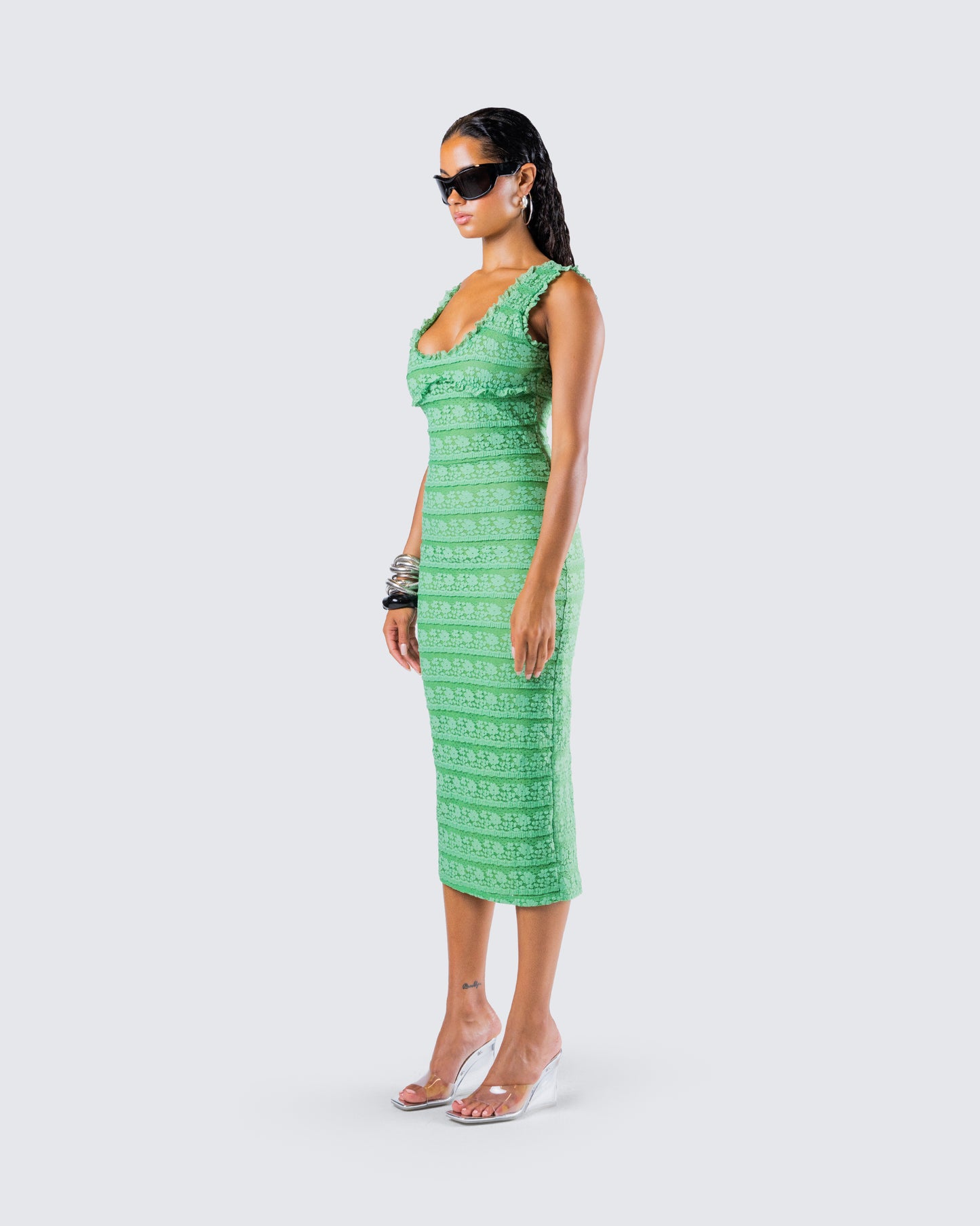 Kairi Green Ruffle Trim Midi Dress