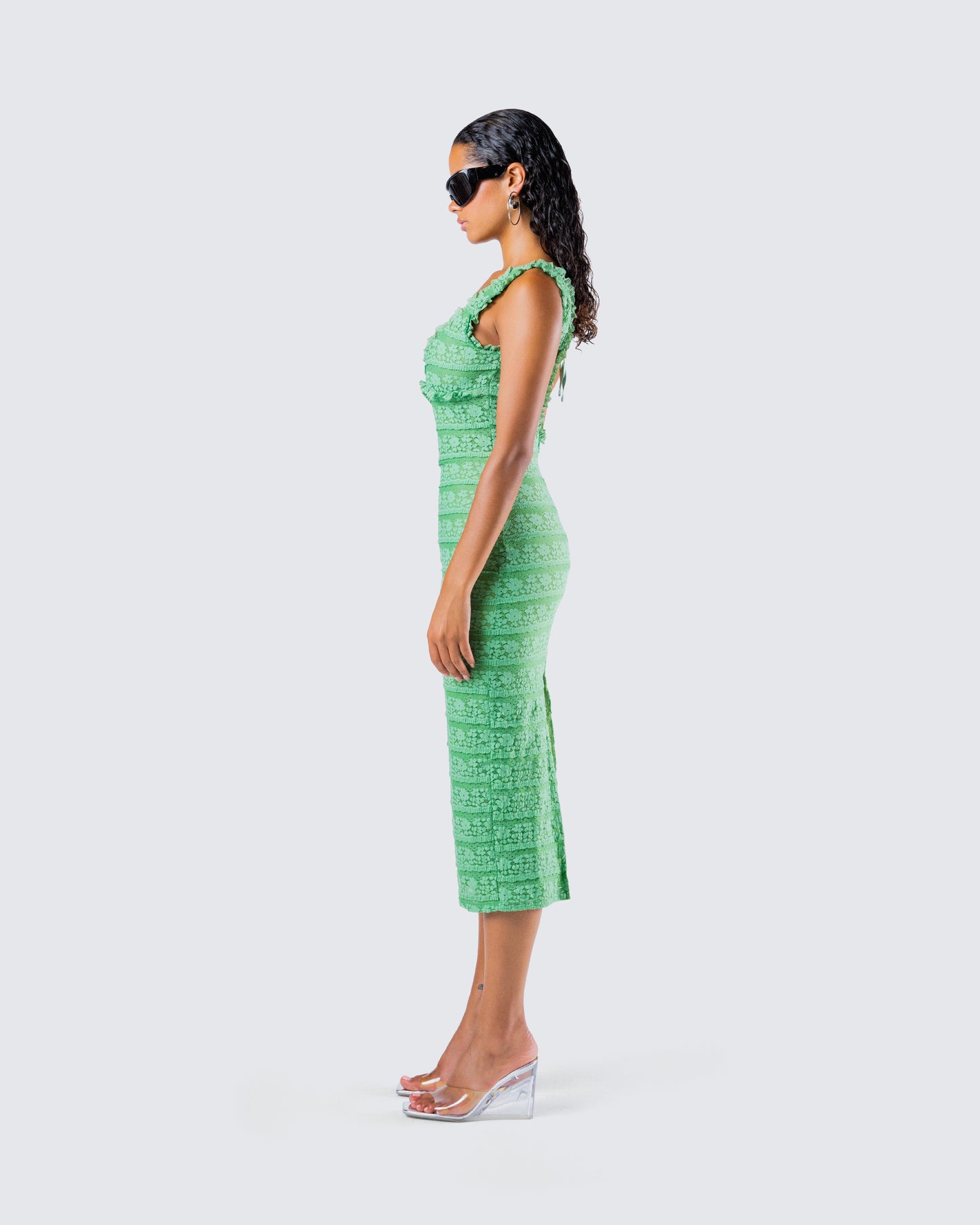 Kairi Green Ruffle Trim Midi Dress