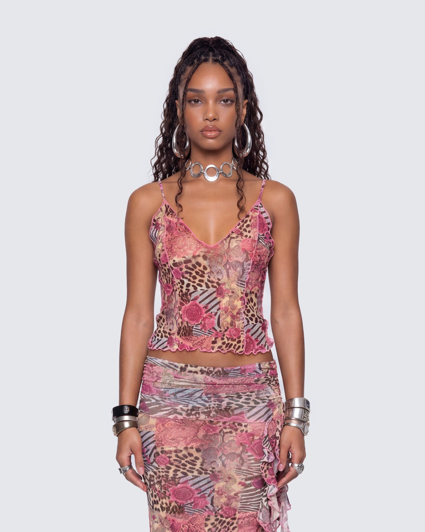Kani Multi Printed Mesh Cami Top model front