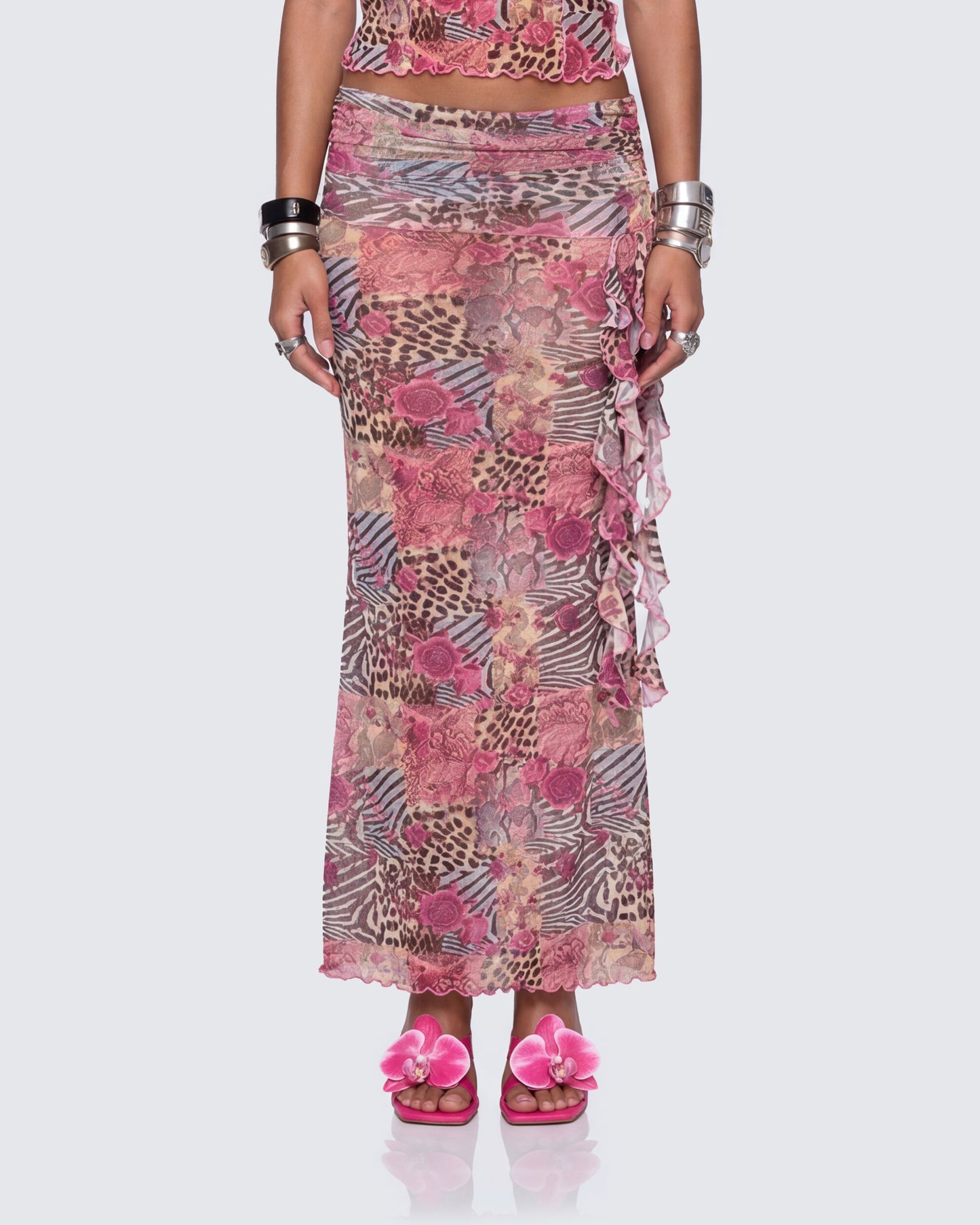 Kani Multi Printed Mesh Maxi Skirt model front