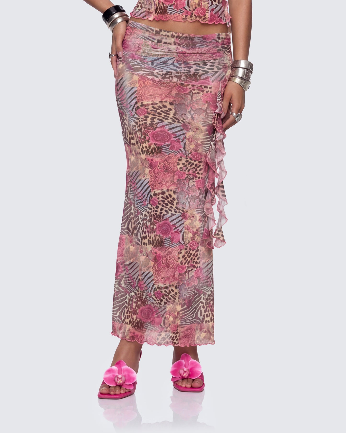 Kani Multi Printed Mesh Maxi Skirt