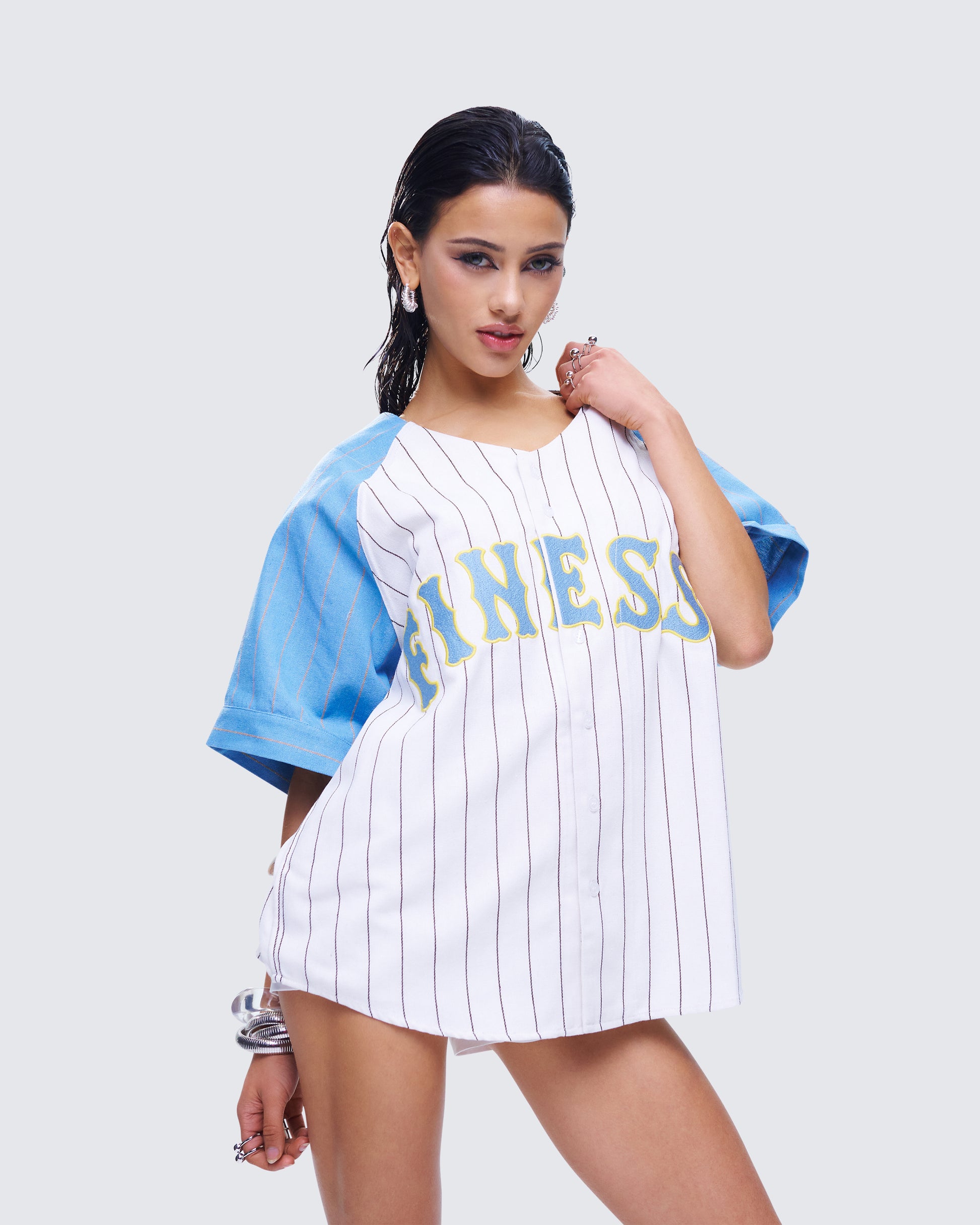Baby Blue Baseball Jersey Top - Cropped Raglan FINESSE Baby Blue Baseball Jersey Top - Cropped Raglan FINESSE