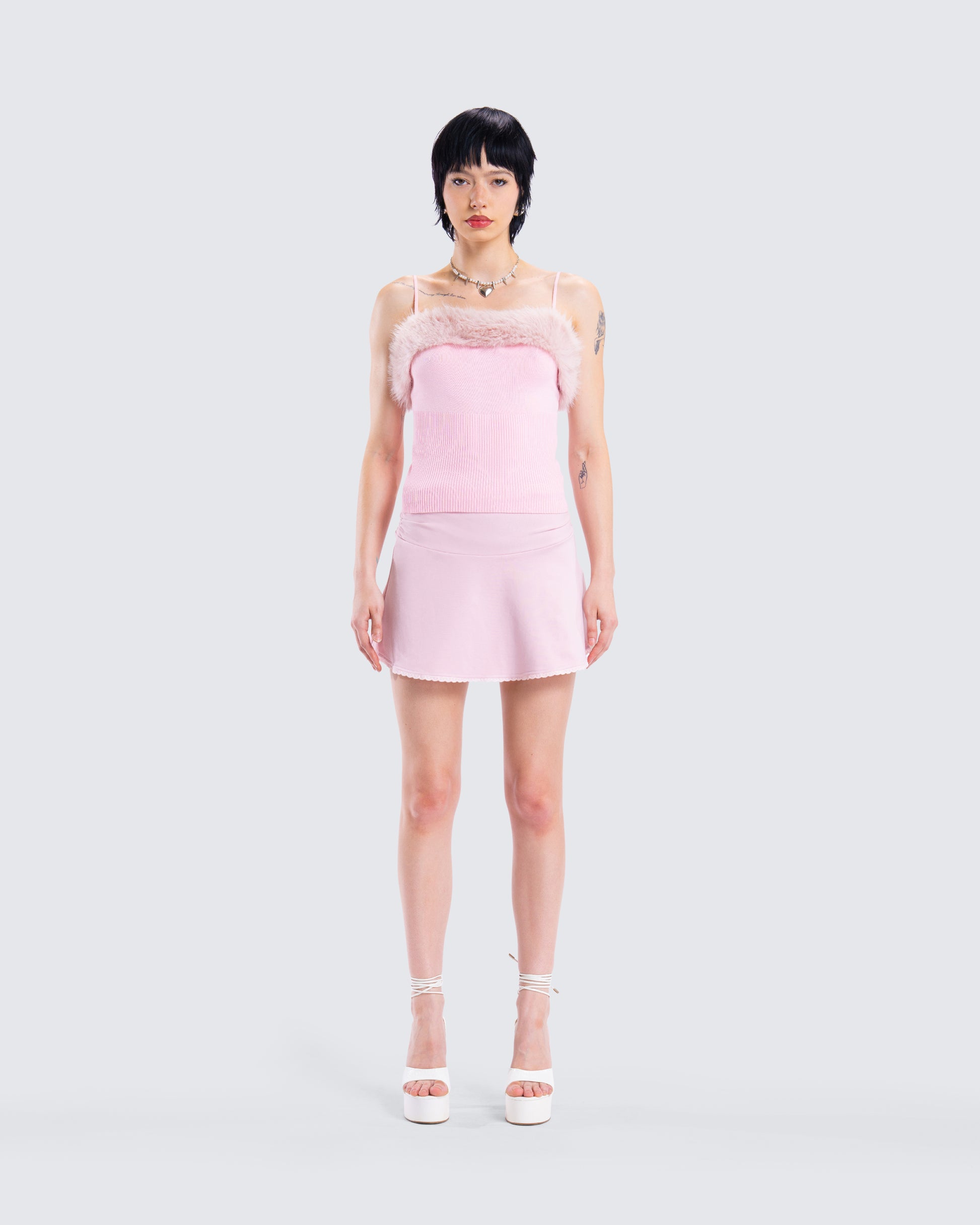 Pink Faux Fur Trim Two-Piece Set - Ribbed Top + Flared Mini Skirt FINESSE Pink Faux Fur Trim Two-Piece Set - Ribbed Top + Flared Mini Skirt FINESSE