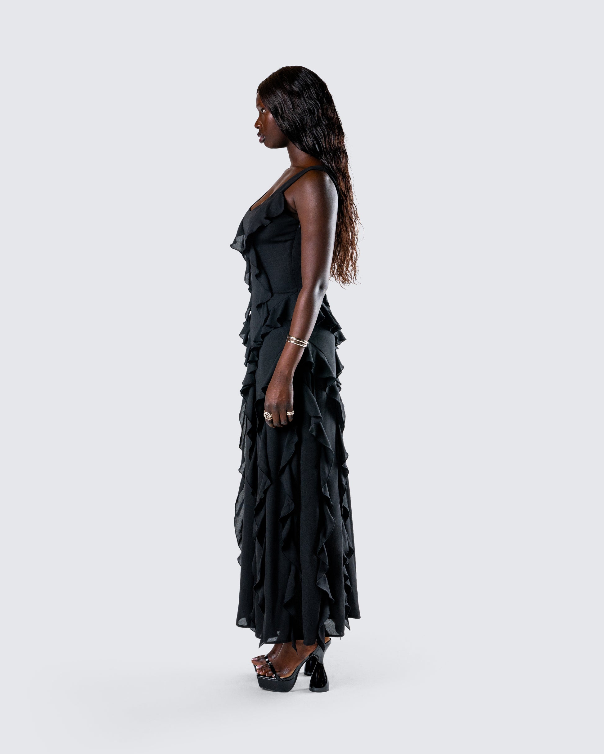 Black Ruffle Maxi Dress - Goth Romance Evening Gown FINESSE Black Ruffle Maxi Dress - Goth Romance Evening Gown FINESSE