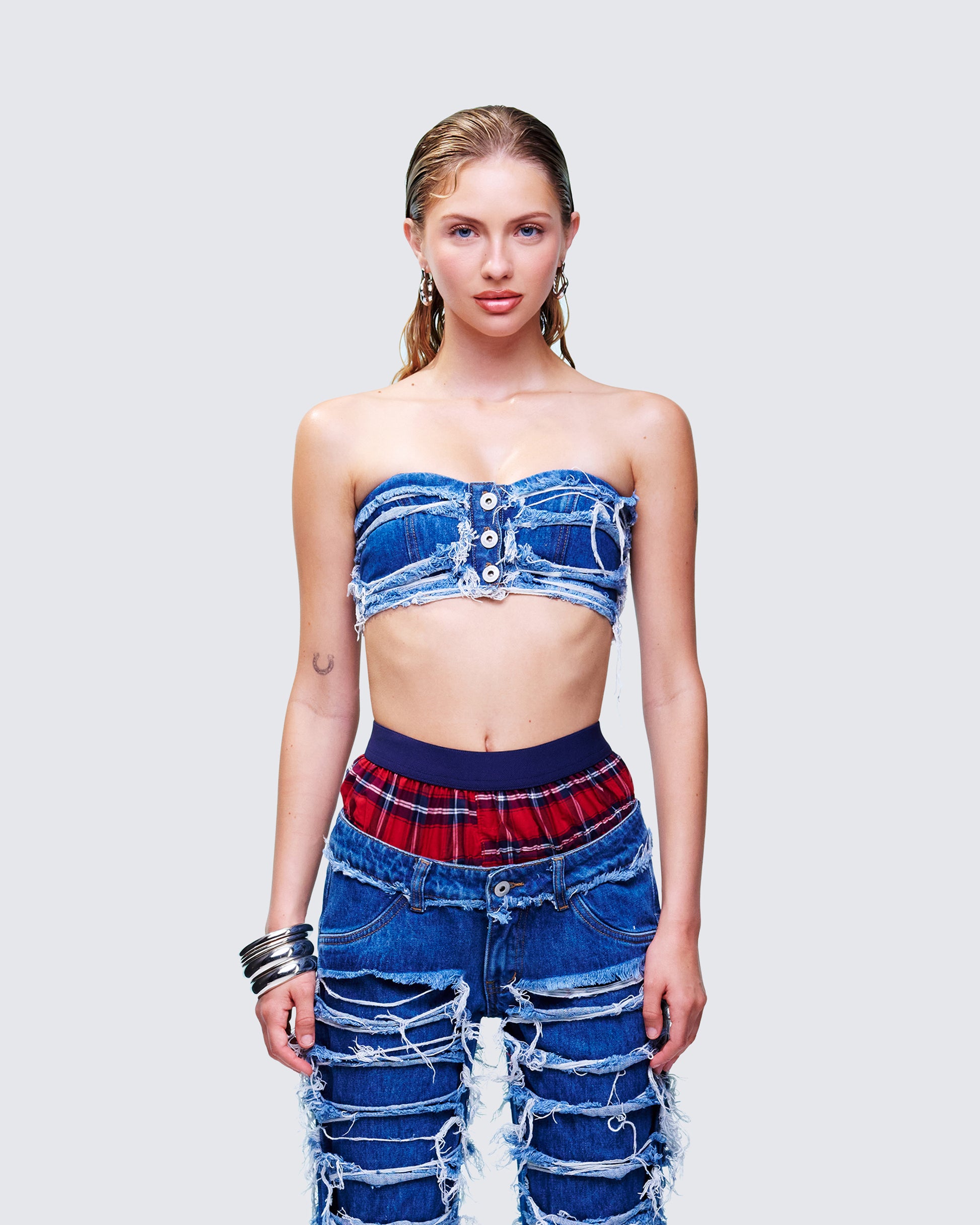 Katria Blue Frayed Denim Bandeau Top model front