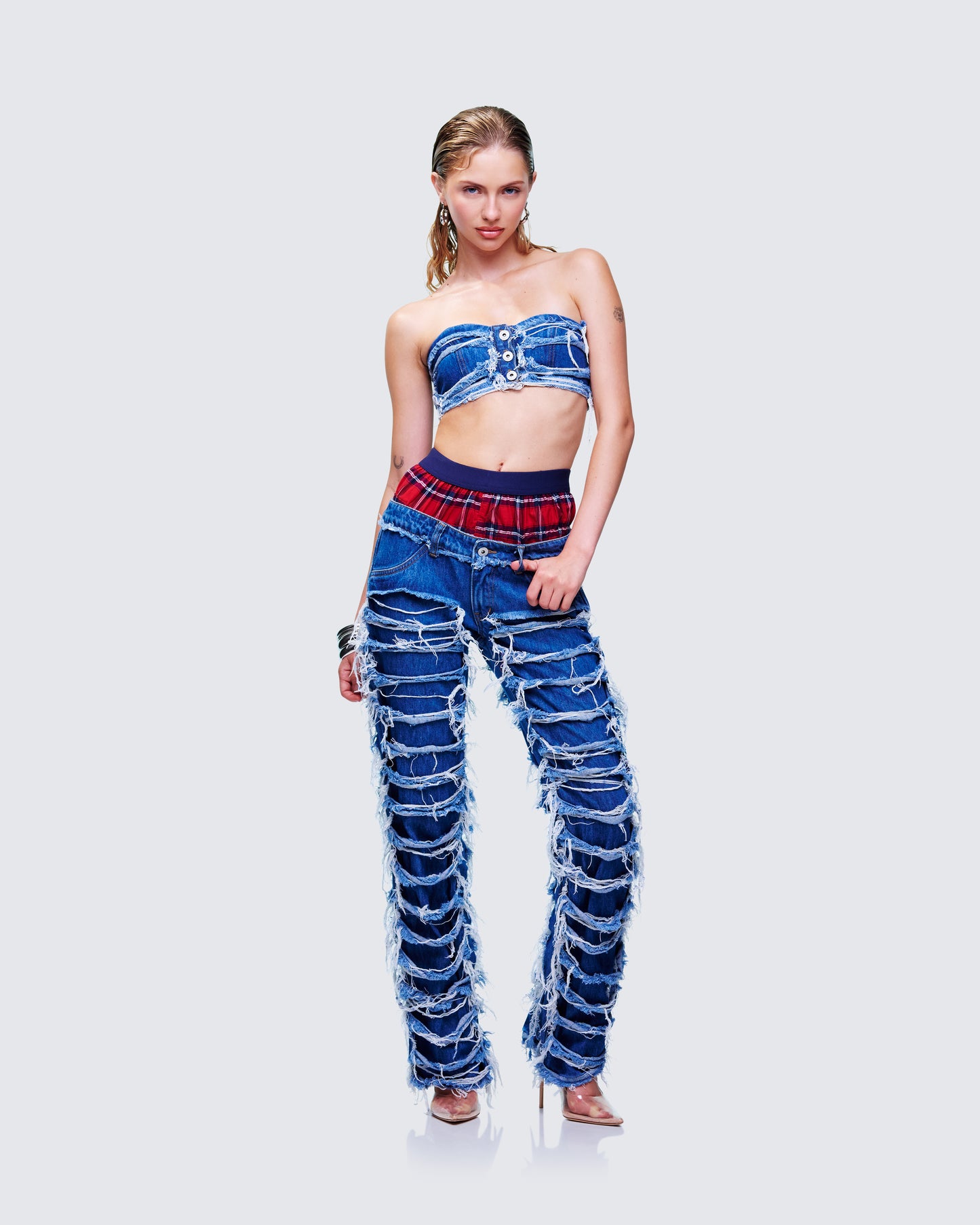 Katria Blue Frayed Denim Bandeau Top