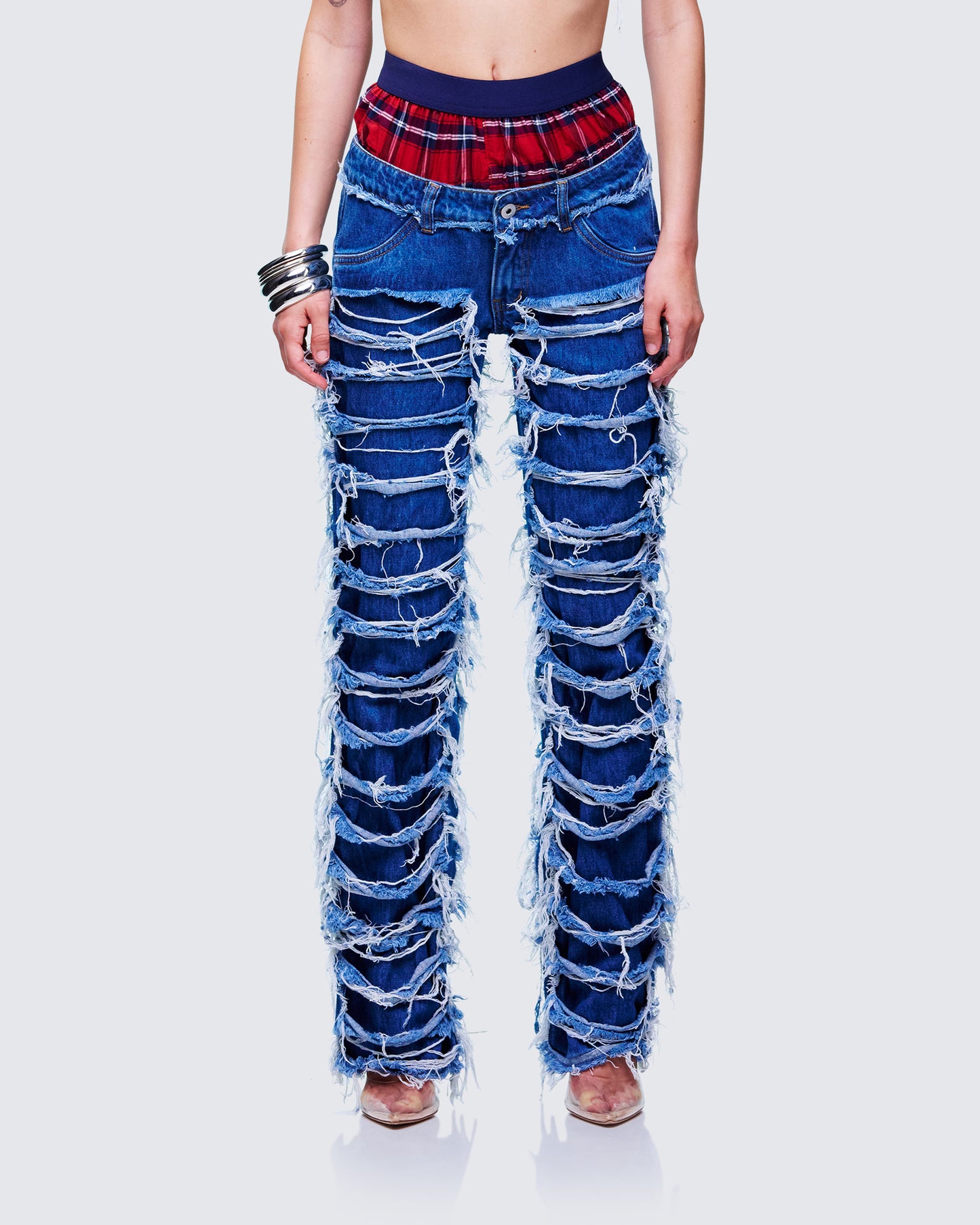Katria Blue Frayed Denim Boxer Jean model front