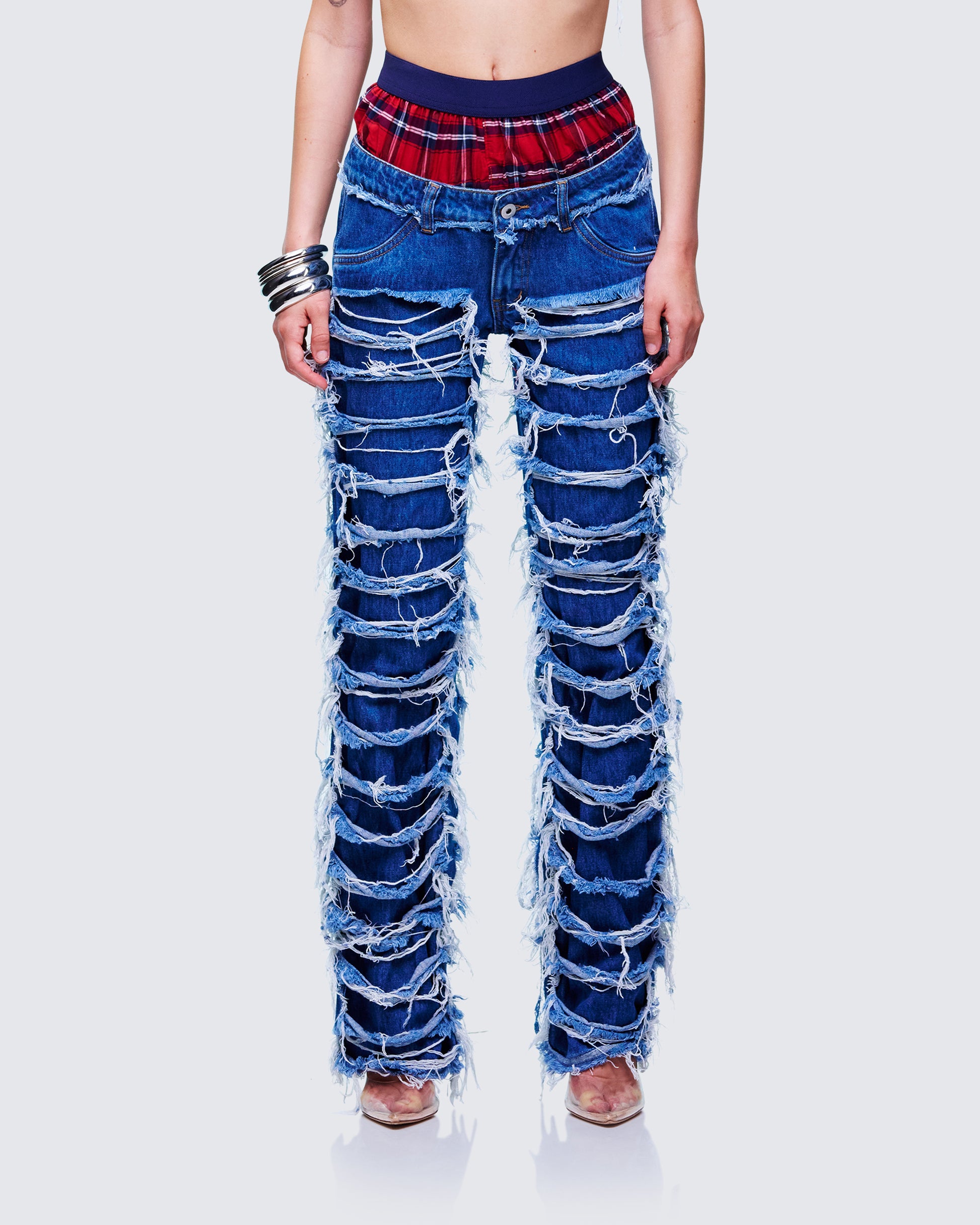 Katria Blue Frayed Denim Boxer Jean model front