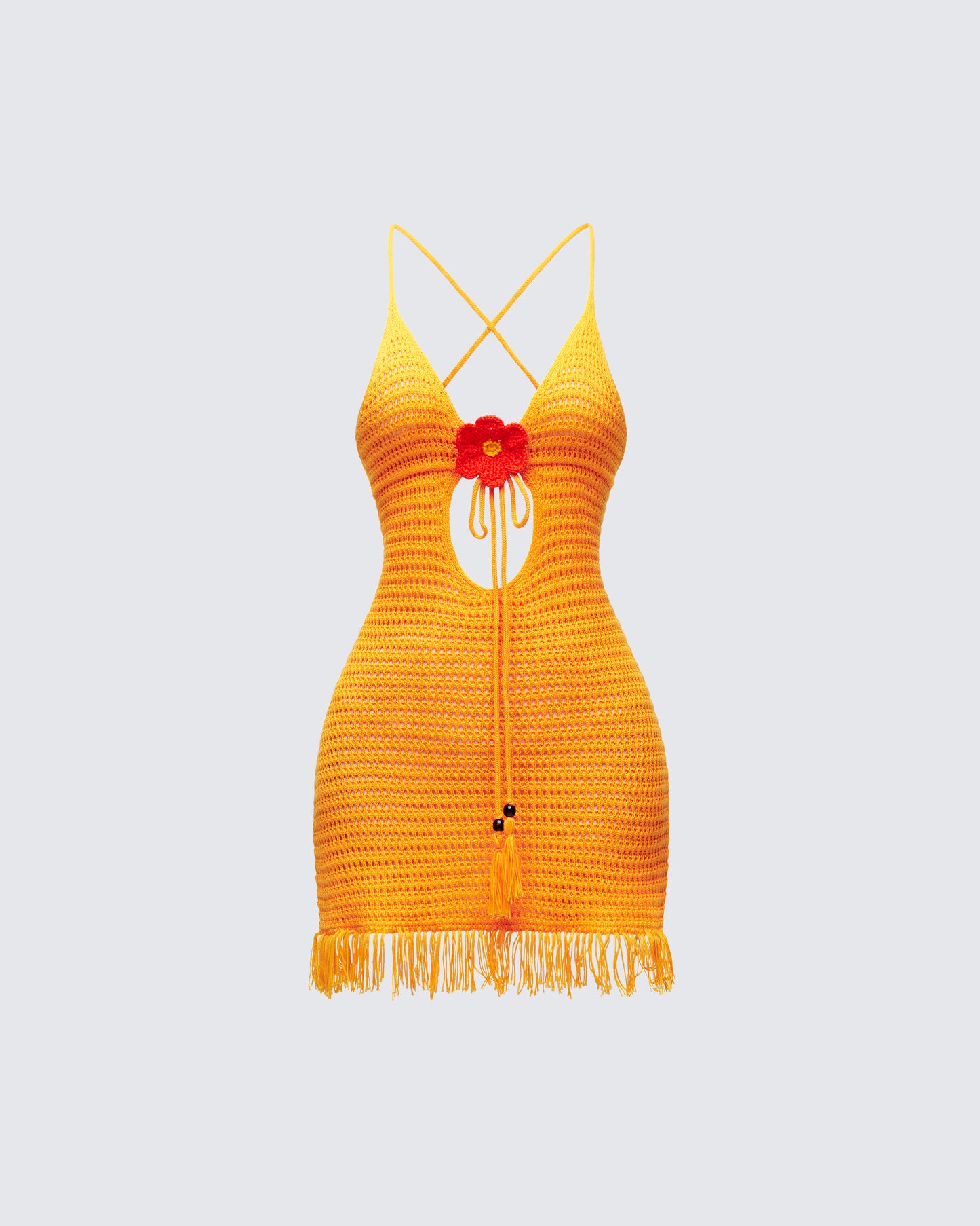 Yellow Crochet Mini Dress with Fringe Summer Festival FINESSE Yellow Crochet Mini Dress with Fringe Summer Festival FINESSE
