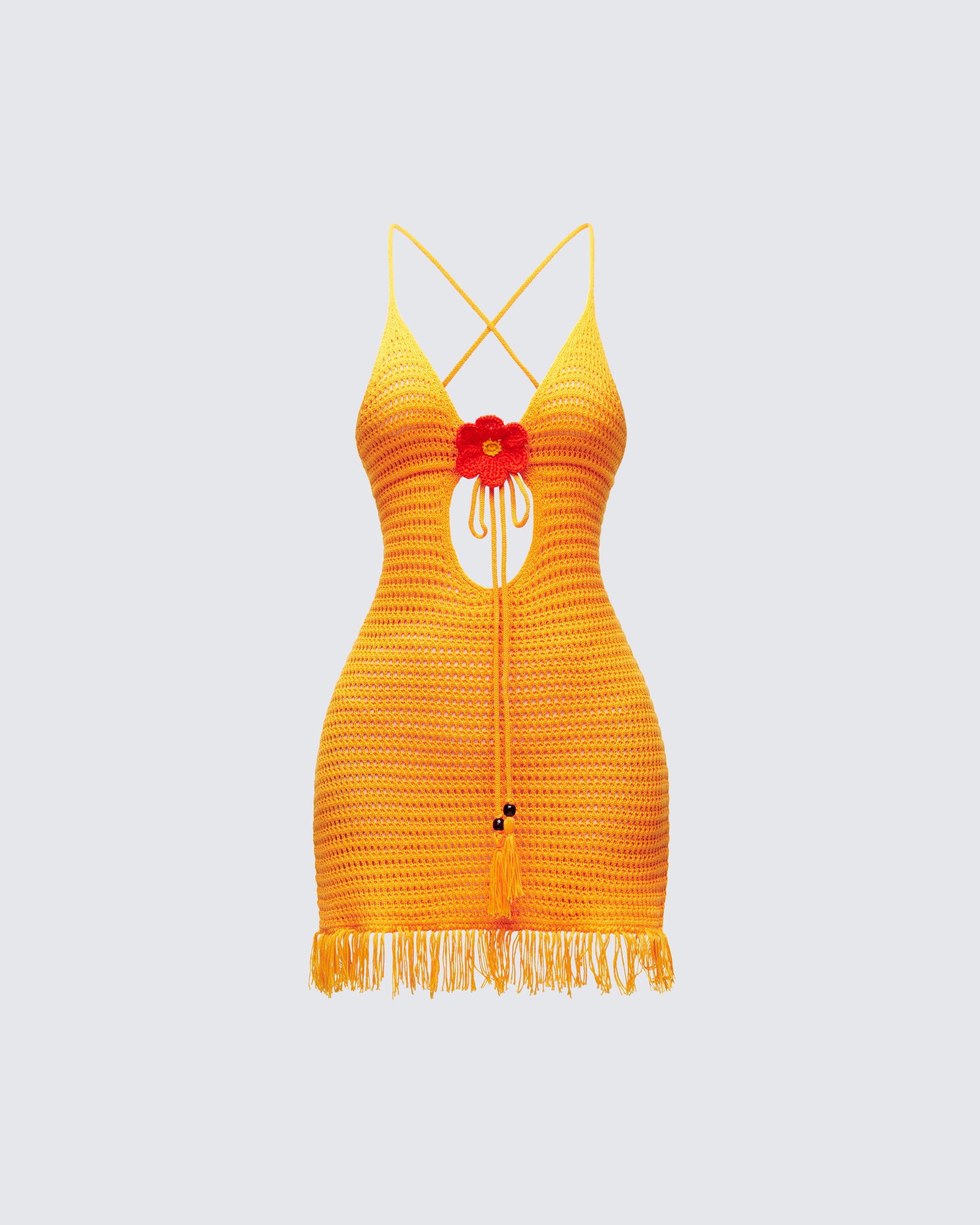 Yellow Crochet Mini Dress with Fringe Summer Festival FINESSE Yellow Crochet Mini Dress with Fringe Summer Festival FINESSE