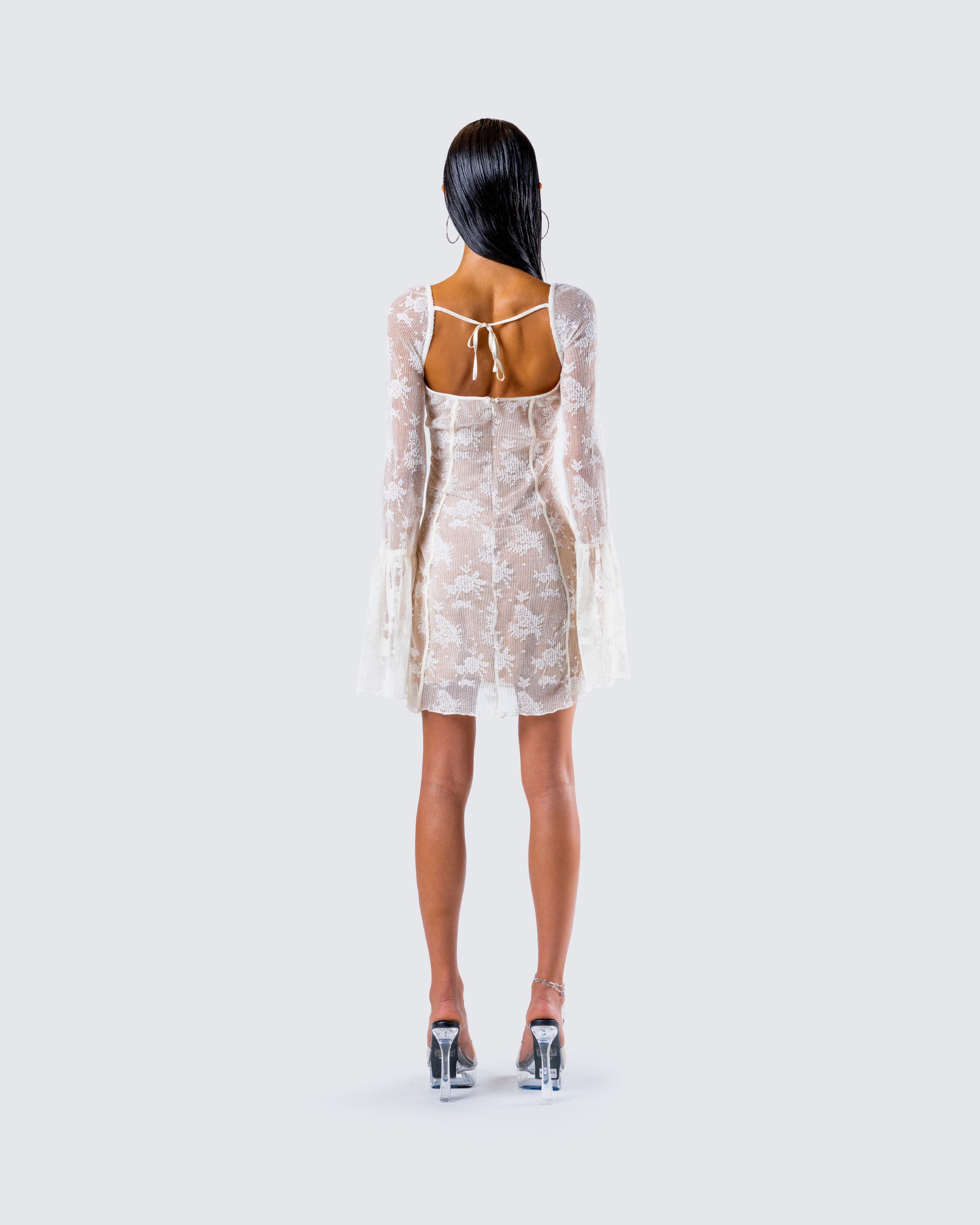 Ivory Lace Mini Dress - Bell Sleeve Corset Bustier FINESSE Ivory Lace Mini Dress - Bell Sleeve Corset Bustier FINESSE