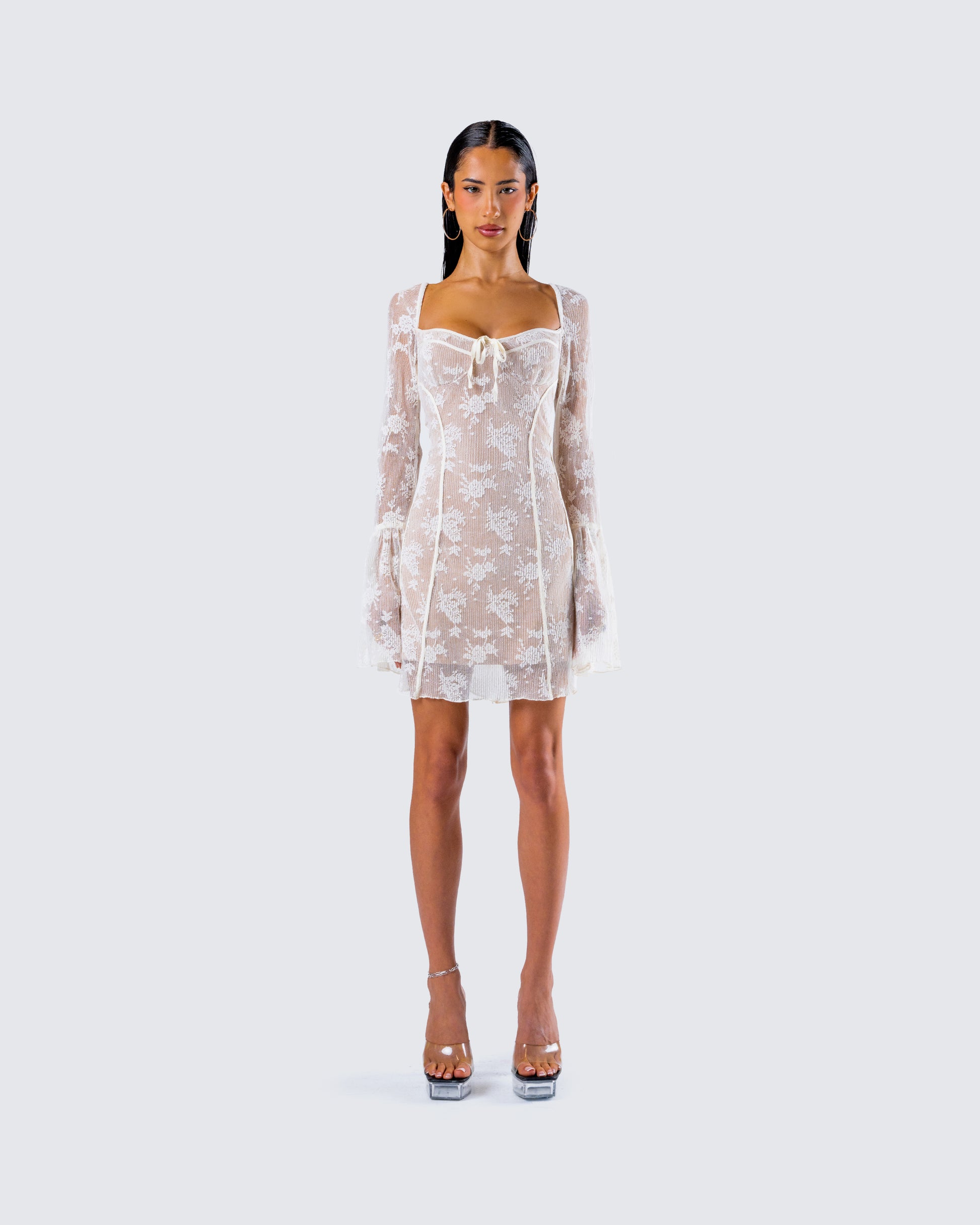 Ivory Lace Mini Dress - Bell Sleeve Corset Bustier FINESSE Ivory Lace Mini Dress - Bell Sleeve Corset Bustier FINESSE