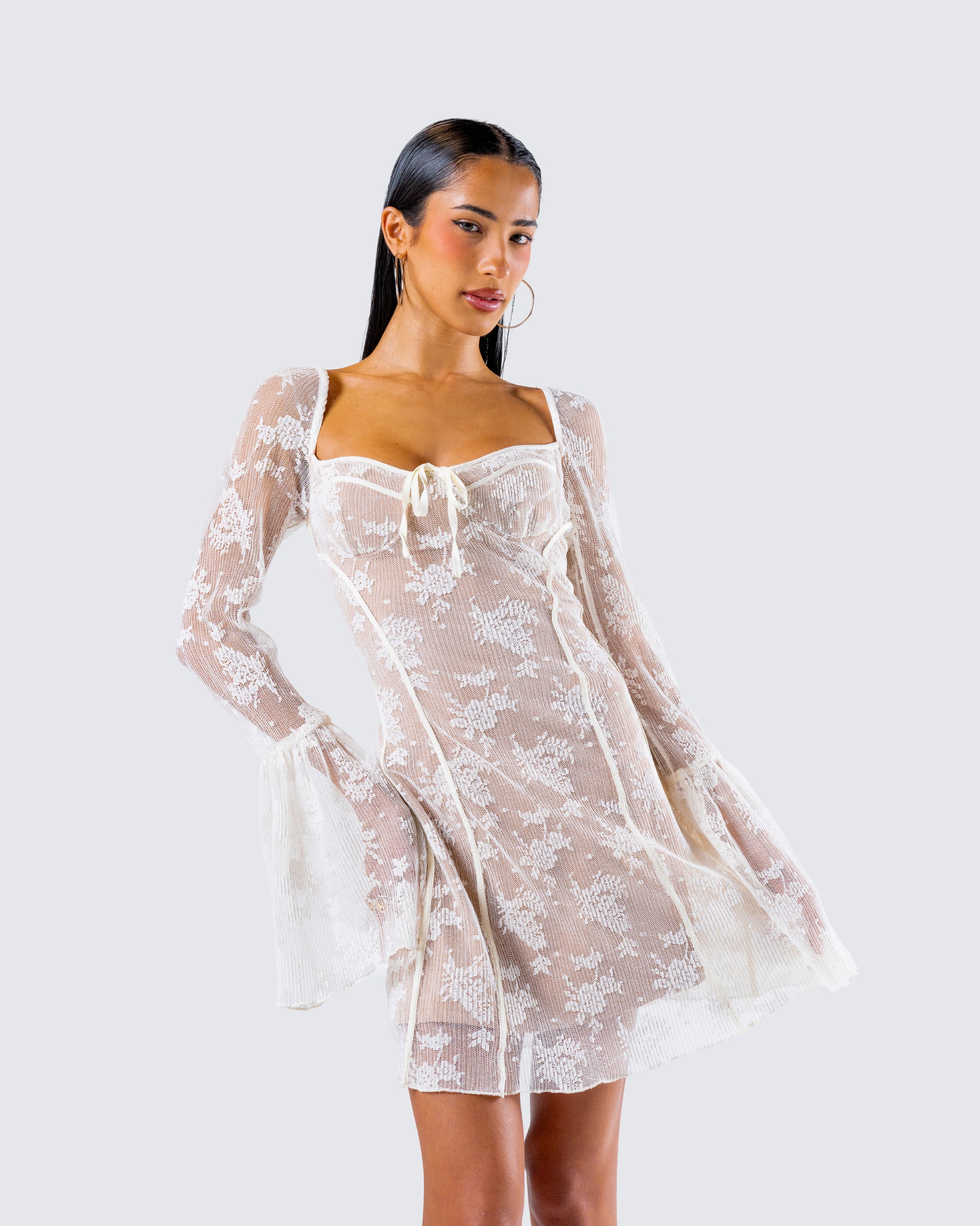 Ivory Lace Mini Dress - Bell Sleeve Corset Bustier FINESSE Ivory Lace Mini Dress - Bell Sleeve Corset Bustier FINESSE
