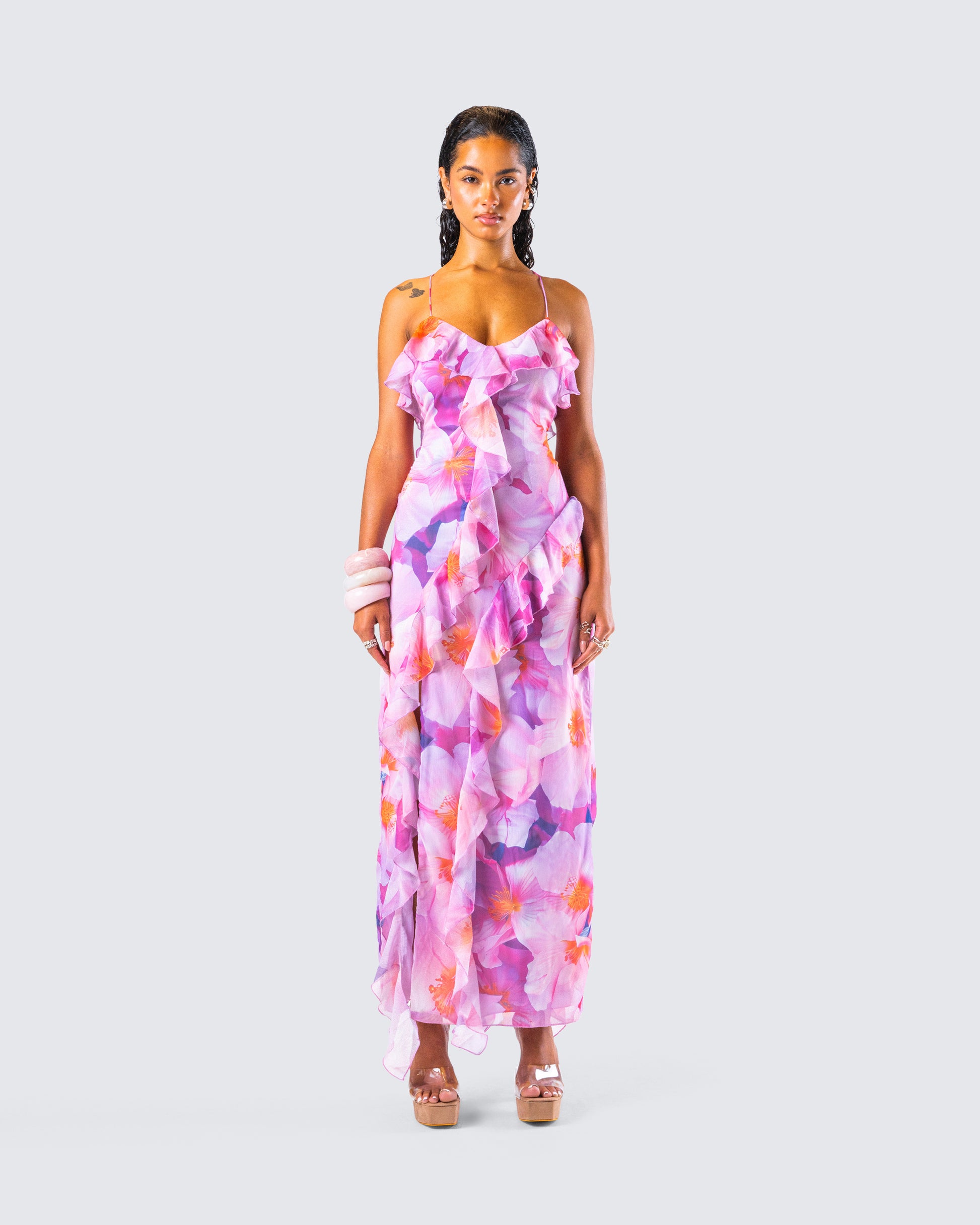 Pink Floral Maxi Dress - Ruffle Strappy Summer FINESSE Pink Floral Maxi Dress - Ruffle Strappy Summer FINESSE