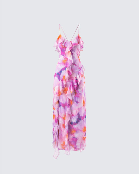Pink Floral Maxi Dress - Ruffle Strappy Summer S Pink Floral Maxi Dress - Ruffle Strappy Summer S