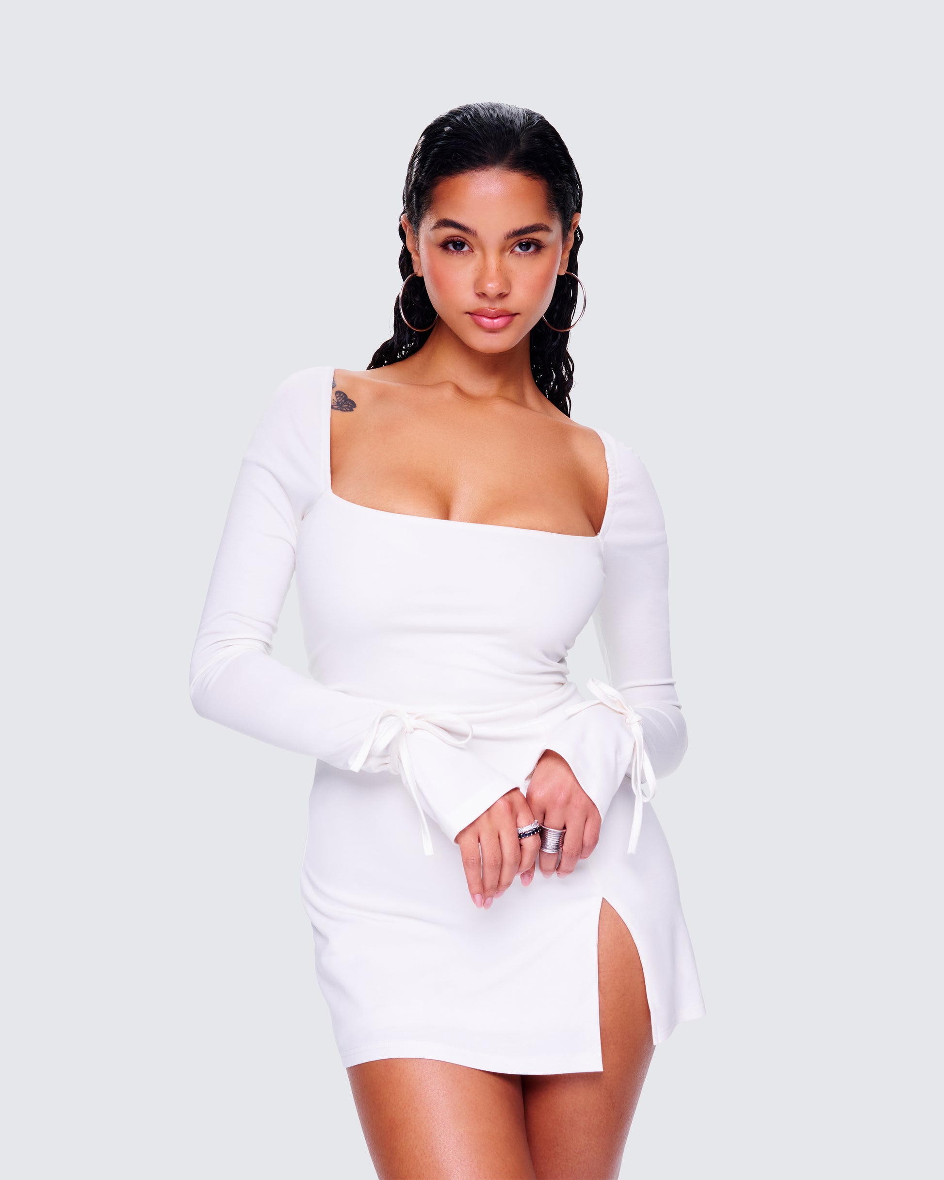 Ivory Mini Dress - Square Neck Long Sleeve Fit & Flare FINESSE Ivory Mini Dress - Square Neck Long Sleeve Fit & Flare FINESSE