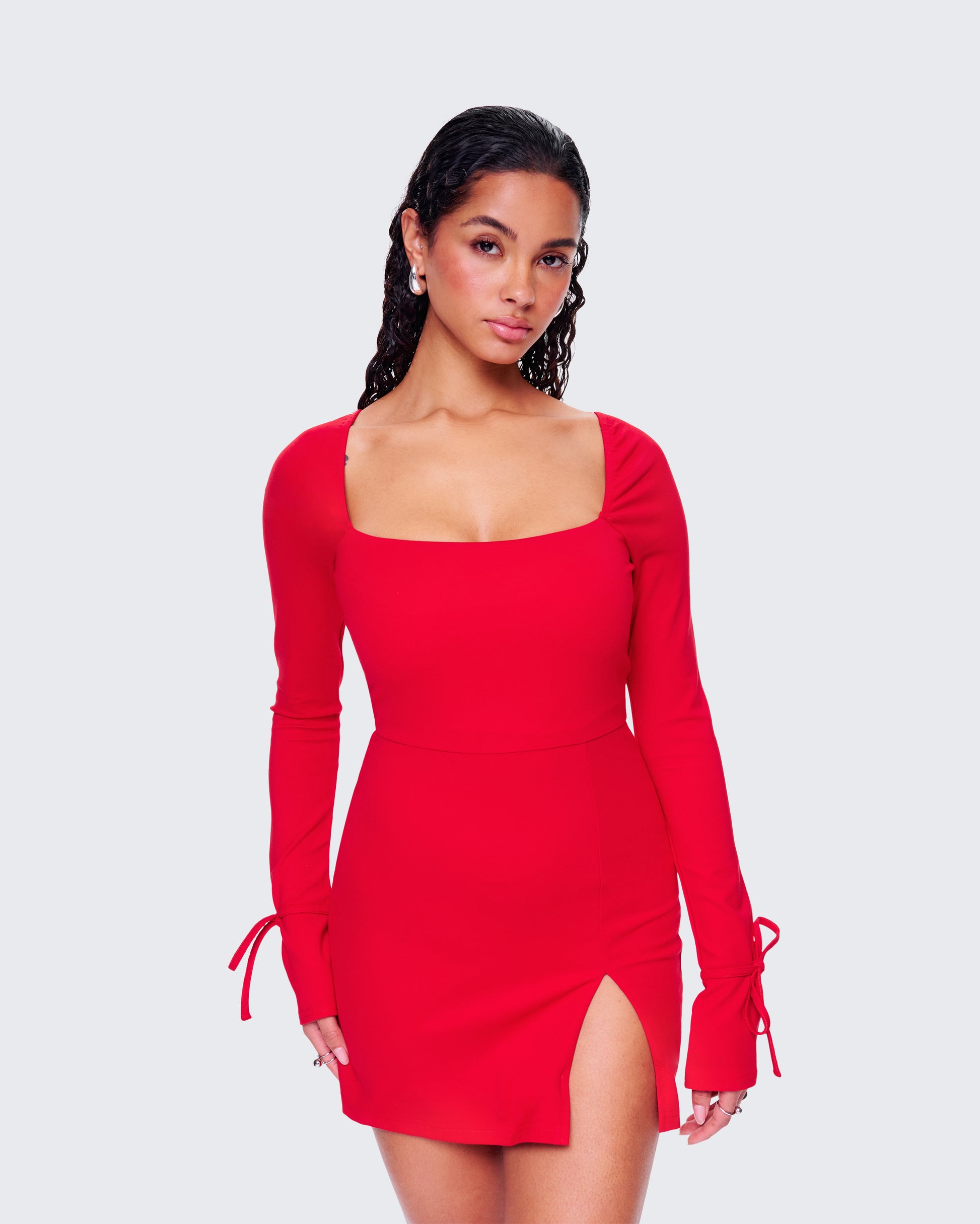 Red Mini Dress - Long Sleeve Square Neck Bodycon FINESSE Red Mini Dress - Long Sleeve Square Neck Bodycon FINESSE
