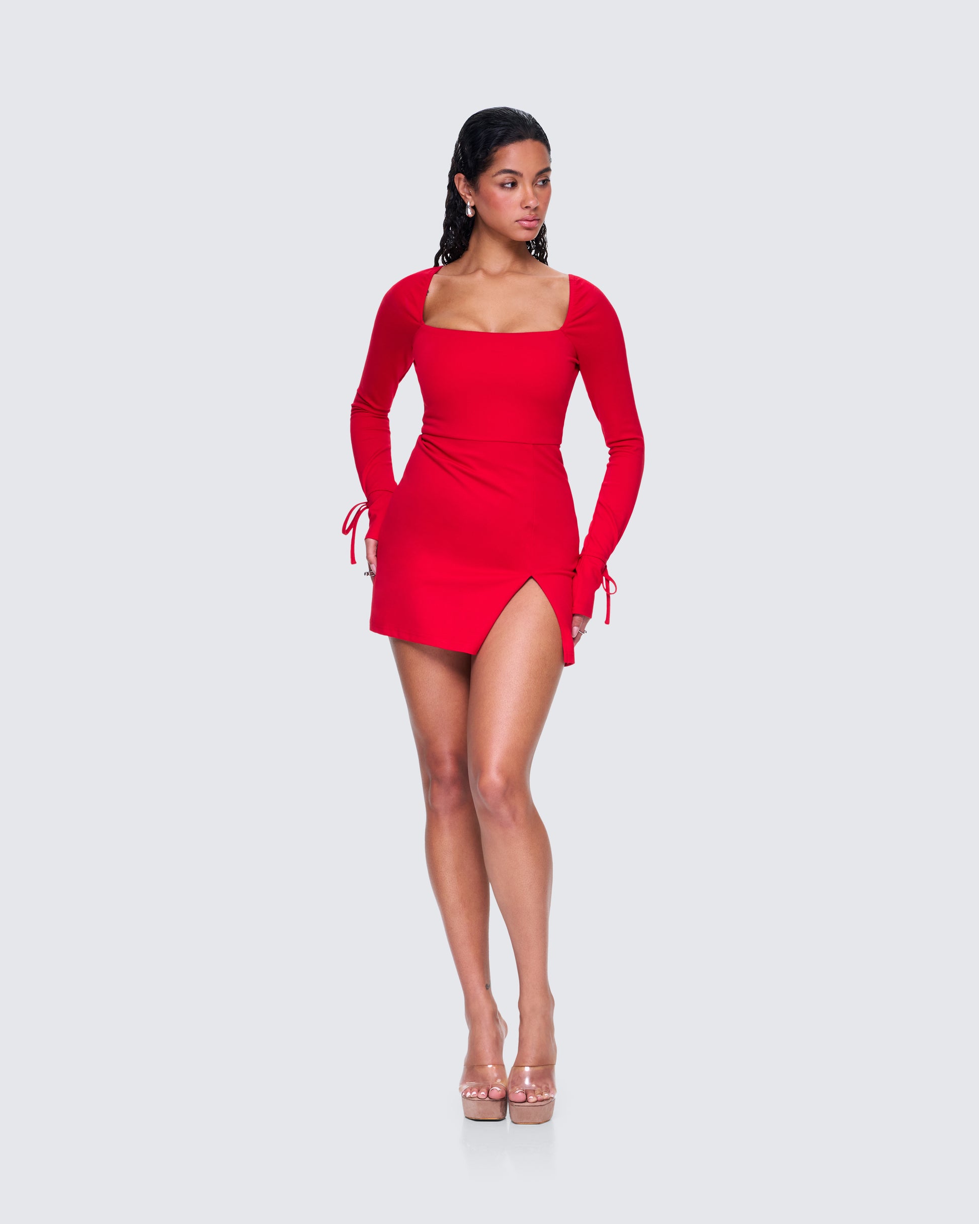 Red Mini Dress - Long Sleeve Square Neck Bodycon FINESSE Red Mini Dress - Long Sleeve Square Neck Bodycon FINESSE