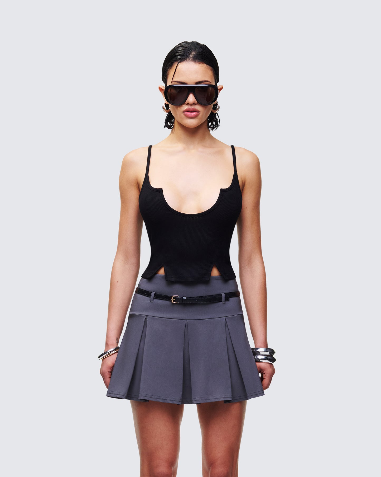 Keykie Black Rib U Neck Crop Cami Top model front