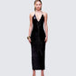 Khadija Black Sequin Pencil Midi Dress model front