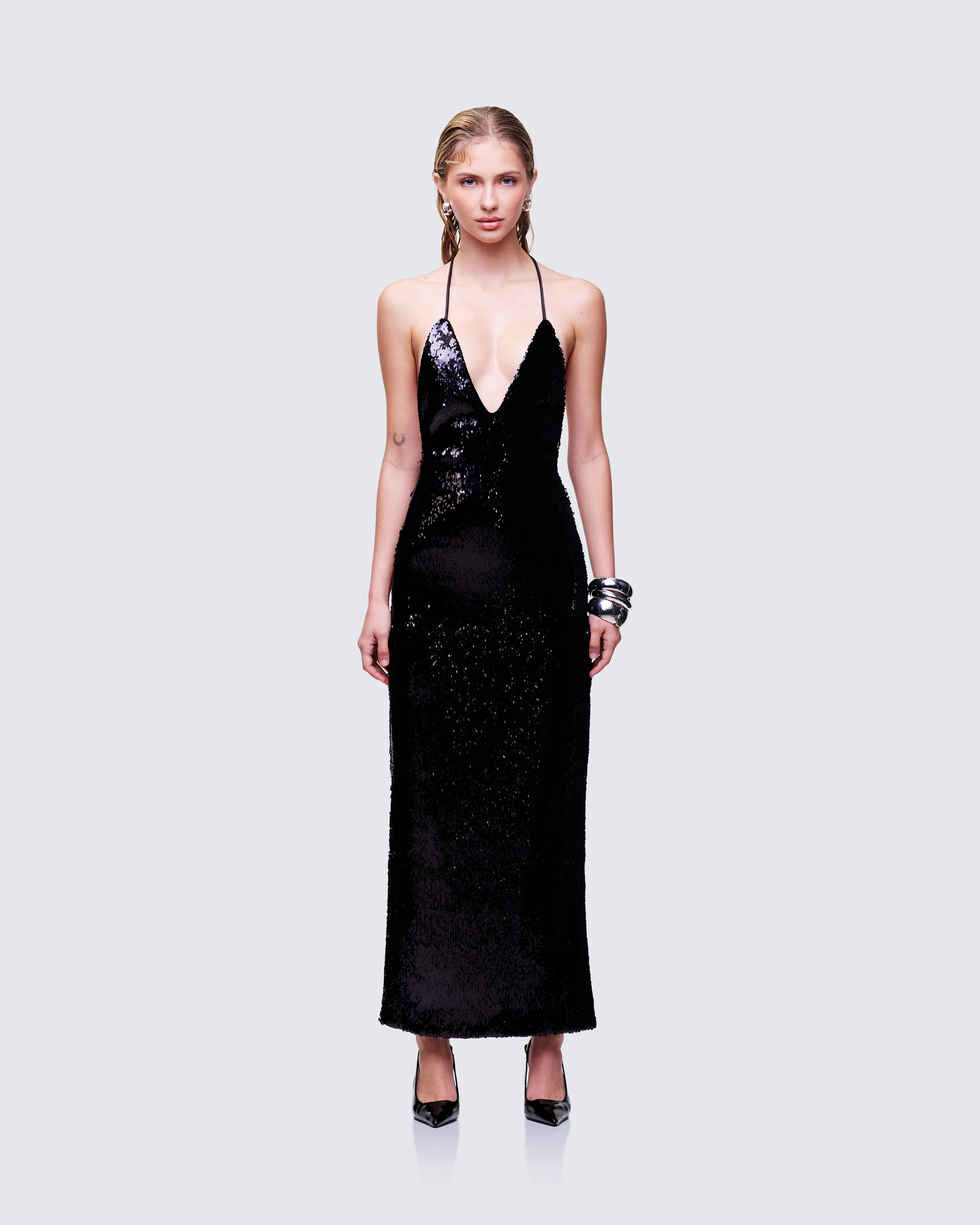 Black Sequin Midi Dress - Halter Neck Cocktail Party FINESSE Black Sequin Midi Dress - Halter Neck Cocktail Party FINESSE