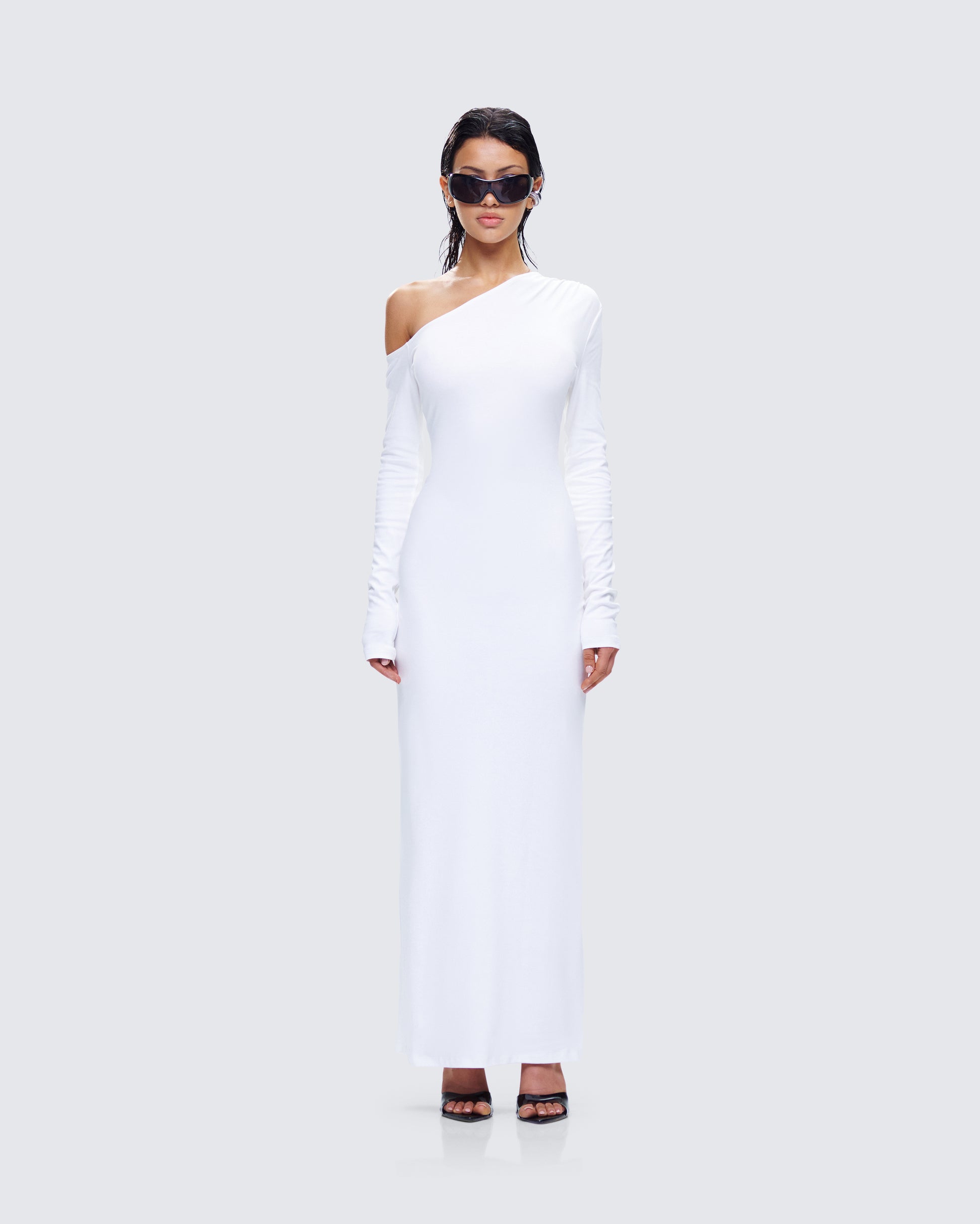 White Off Shoulder Maxi Dress - Bodycon Long Sleeve FINESSE White Off Shoulder Maxi Dress - Bodycon Long Sleeve FINESSE