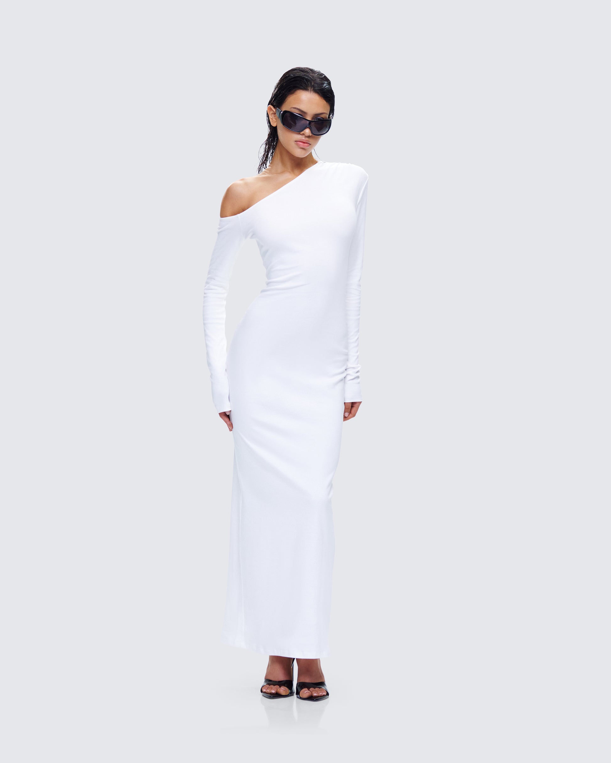 White Off Shoulder Maxi Dress - Bodycon Long Sleeve FINESSE White Off Shoulder Maxi Dress - Bodycon Long Sleeve FINESSE