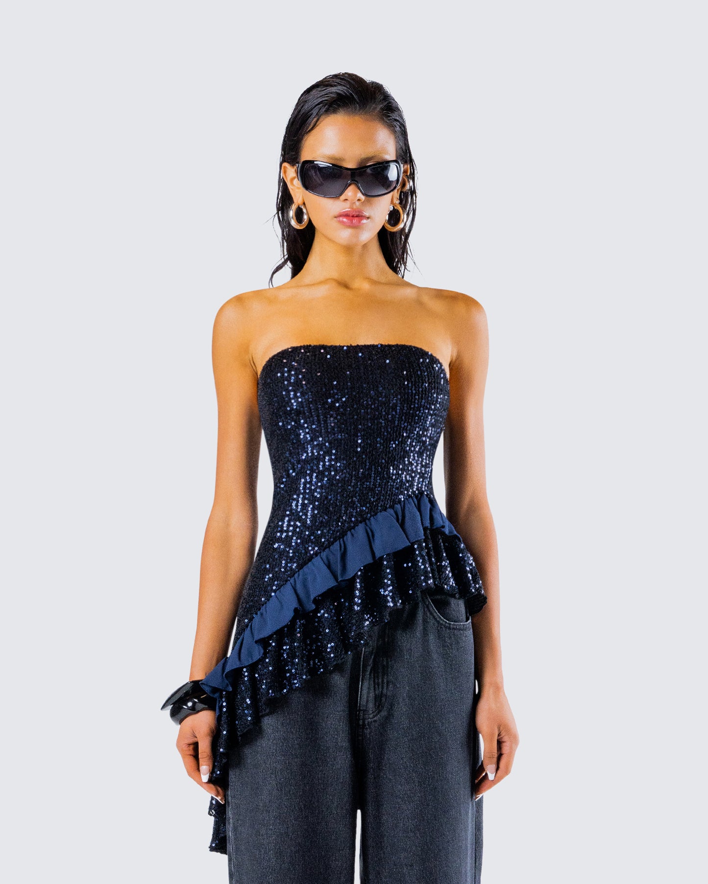 Kienna Navy Sequin Asymmetrical Top