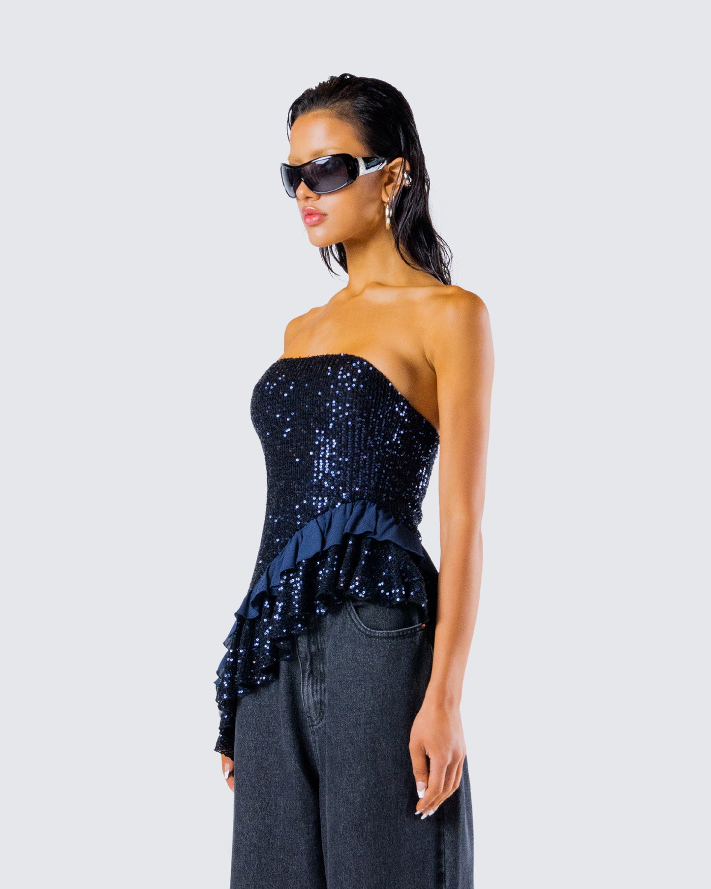 Kienna Navy Sequin Asymmetrical Top