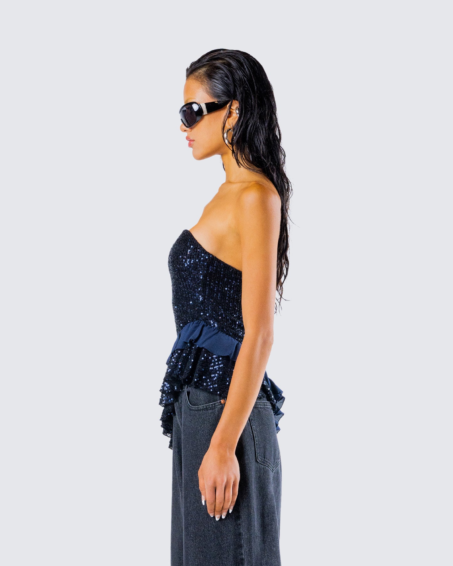 Kienna Navy Sequin Asymmetrical Top