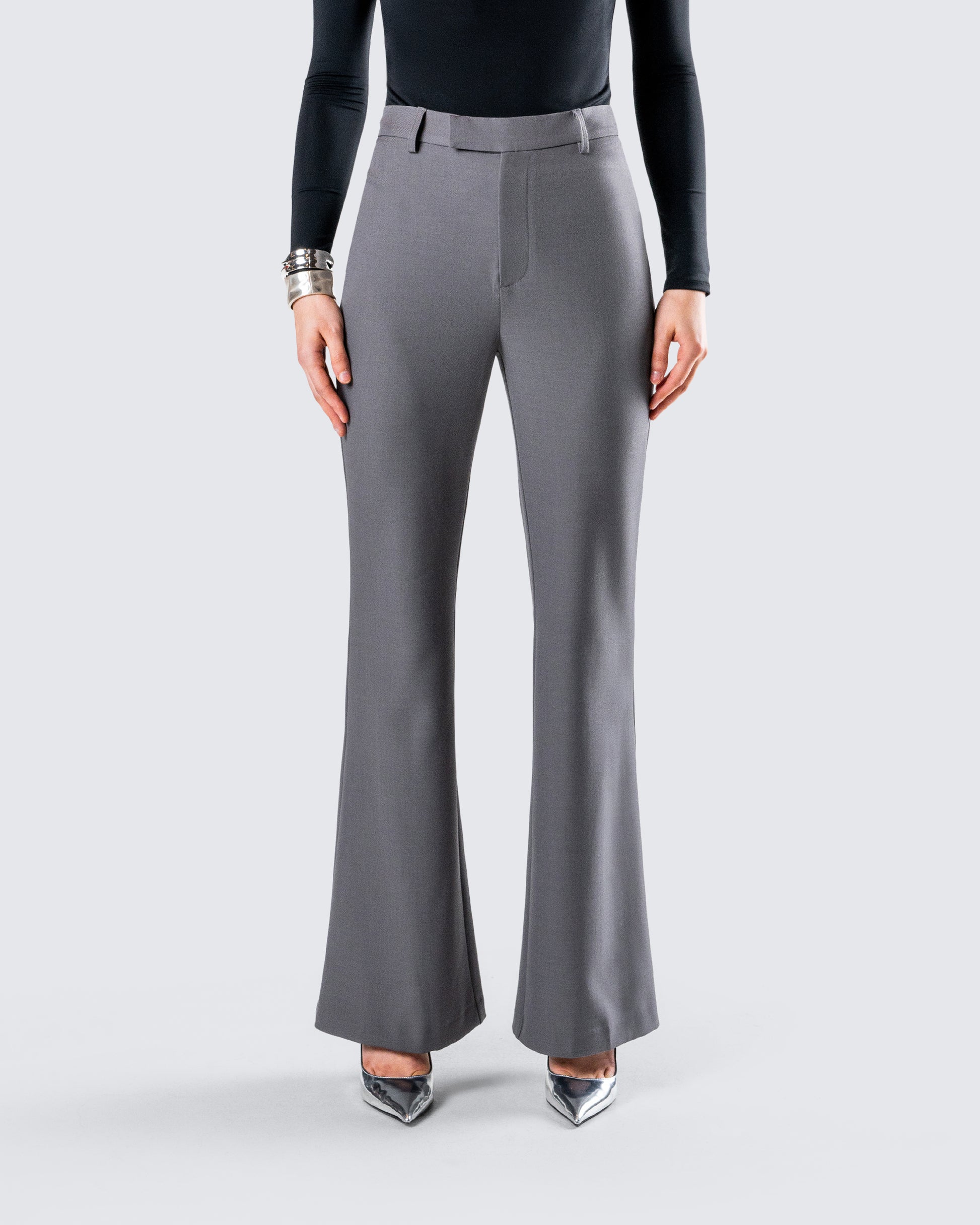 Grey Flared Trouser Pants - High Waist Office FINESSE Grey Flared Trouser Pants - High Waist Office FINESSE