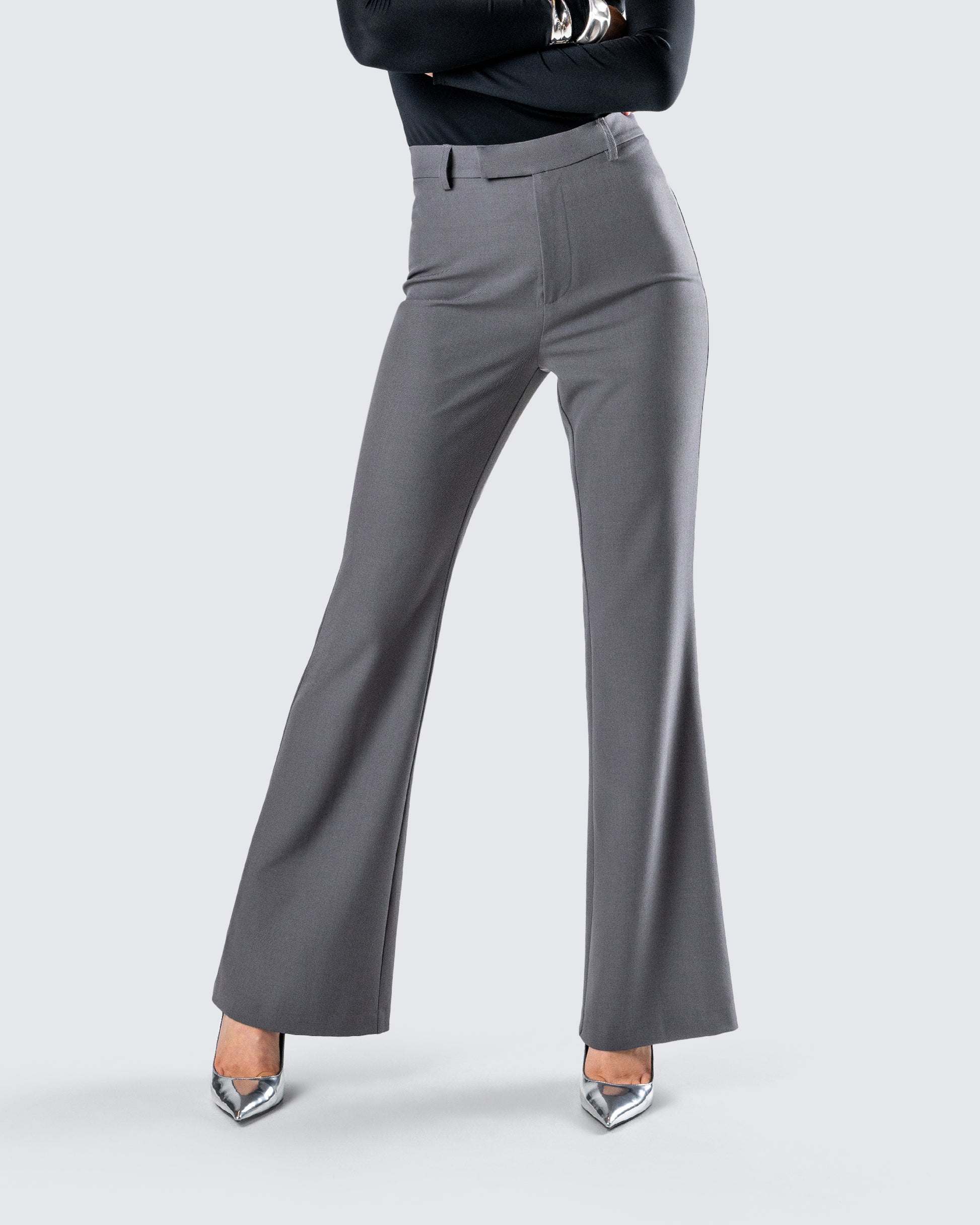 Grey Flared Trouser Pants - High Waist Office FINESSE Grey Flared Trouser Pants - High Waist Office FINESSE