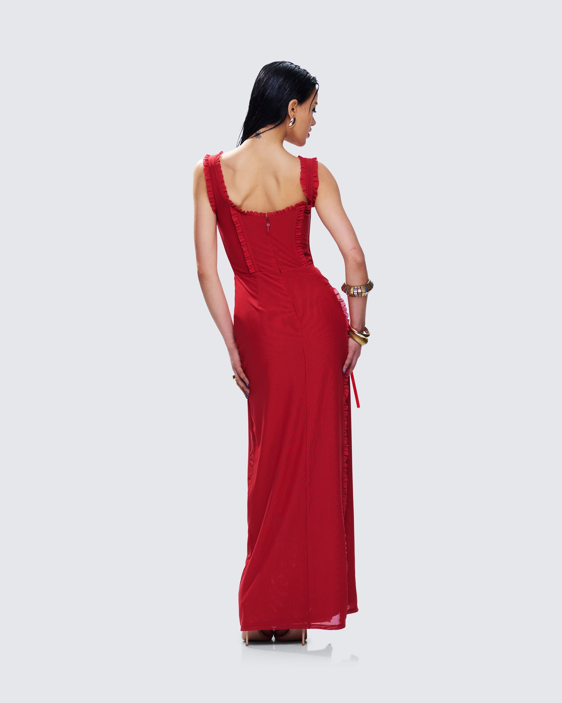 Red Lace-Up Corset Maxi Dress - Side Slit Formal FINESSE Red Lace-Up Corset Maxi Dress - Side Slit Formal FINESSE