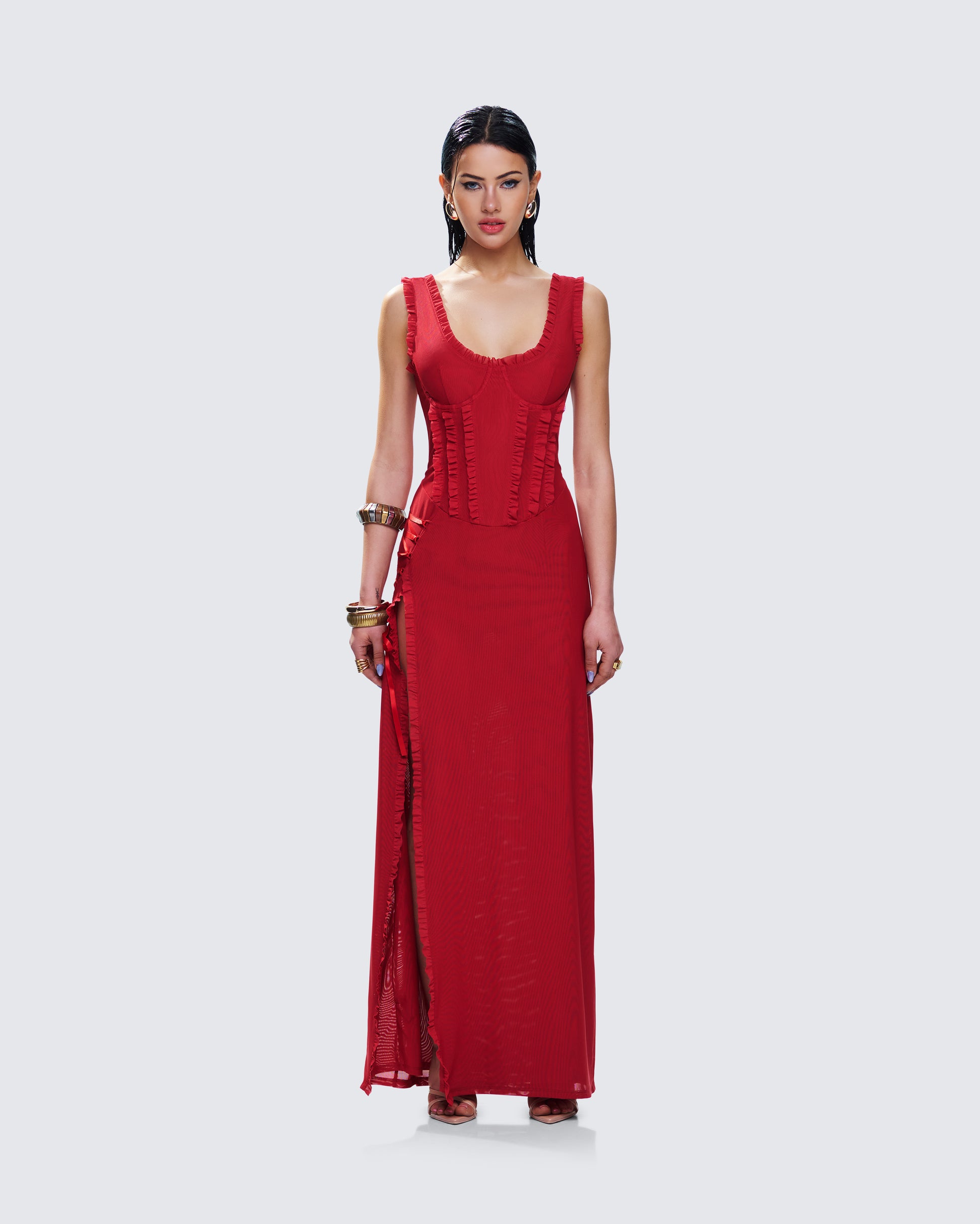 Red Lace-Up Corset Maxi Dress - Side Slit Formal FINESSE Red Lace-Up Corset Maxi Dress - Side Slit Formal FINESSE