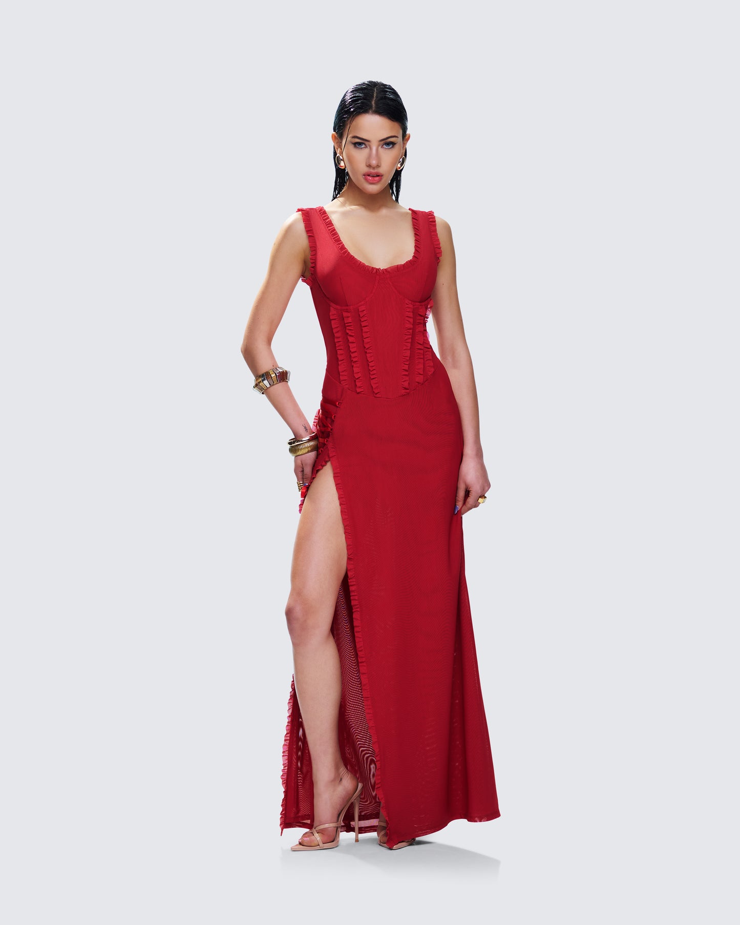 Kimoni Red Ruffle Corset Maxi Dress