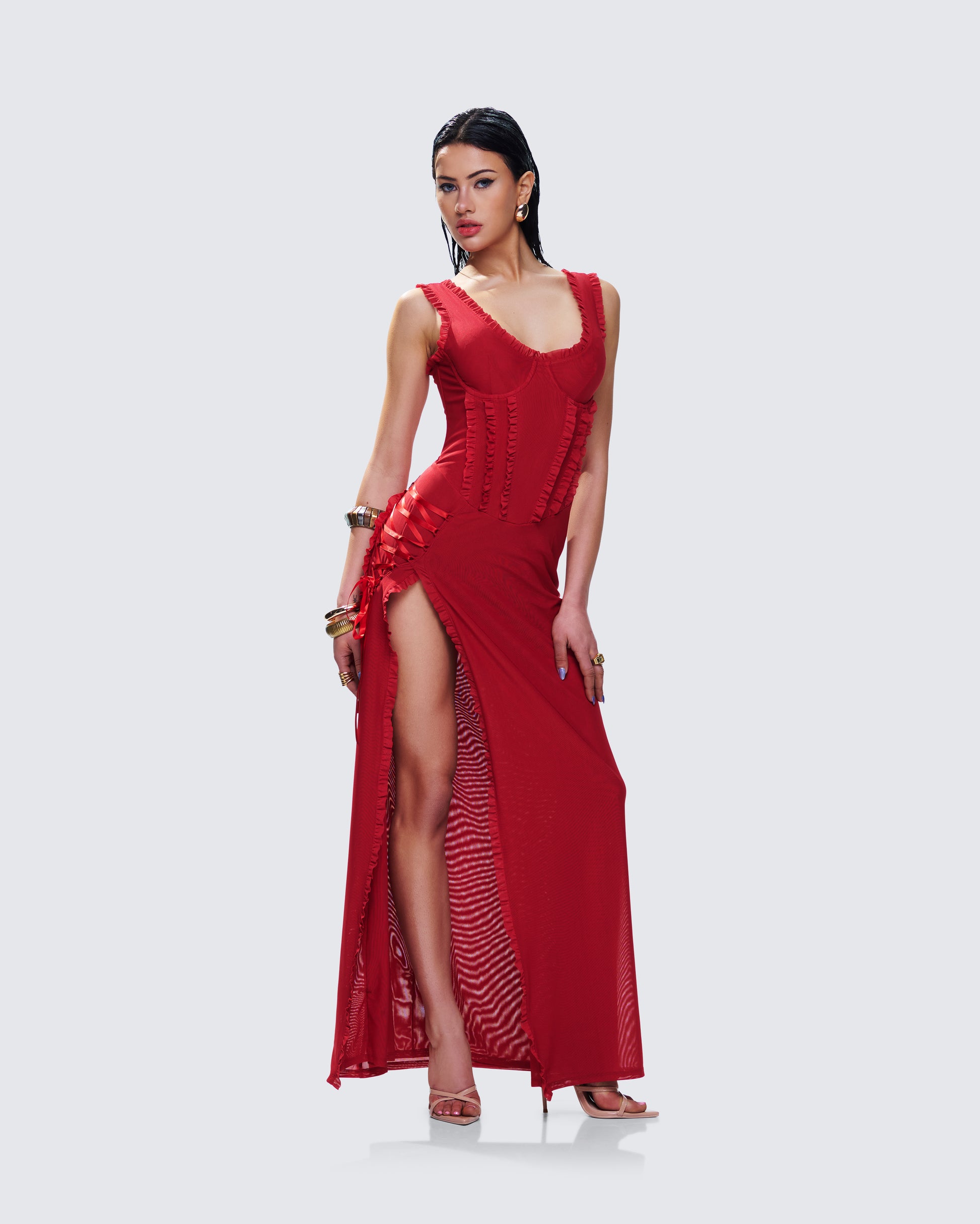 Red Lace-Up Corset Maxi Dress - Side Slit Formal FINESSE Red Lace-Up Corset Maxi Dress - Side Slit Formal FINESSE