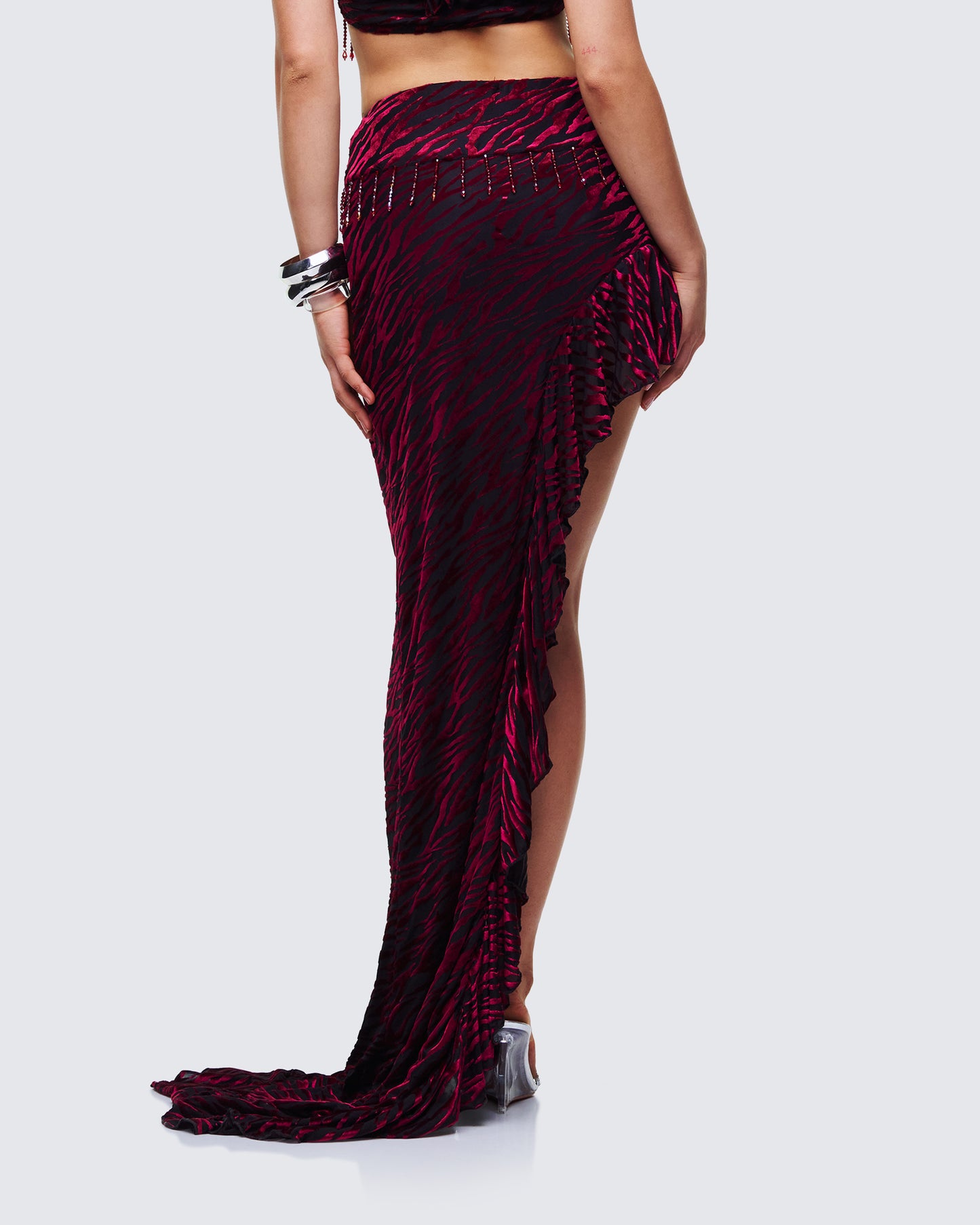 Kira Red Velvet Burn Out Beaded Maxi Skirt