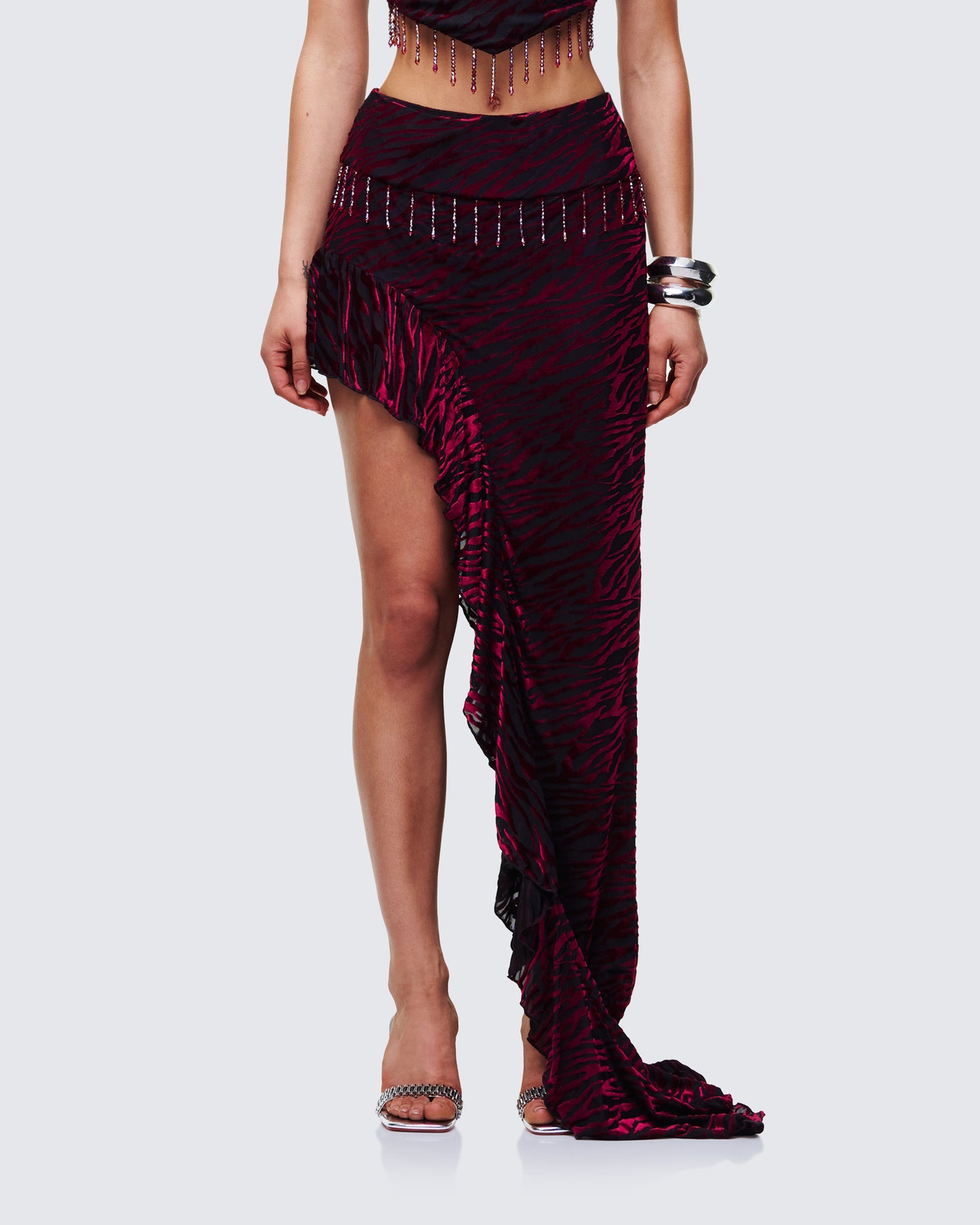 Kira Red Velvet Burn Out Beaded Maxi Skirt model front