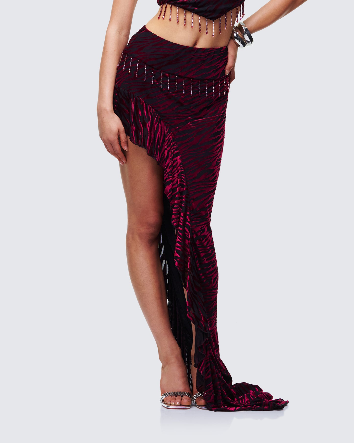 Kira Red Velvet Burn Out Beaded Maxi Skirt