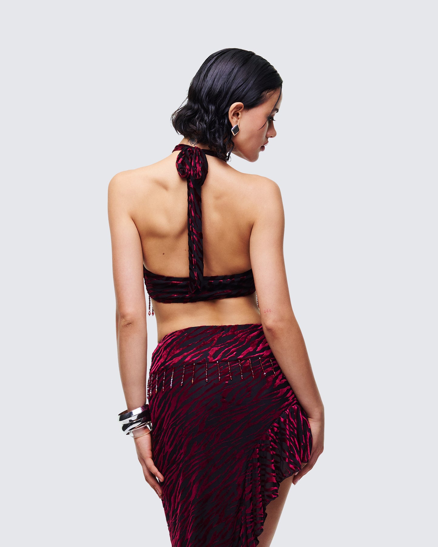 Kira Red Velvet Burn Out Beaded Top