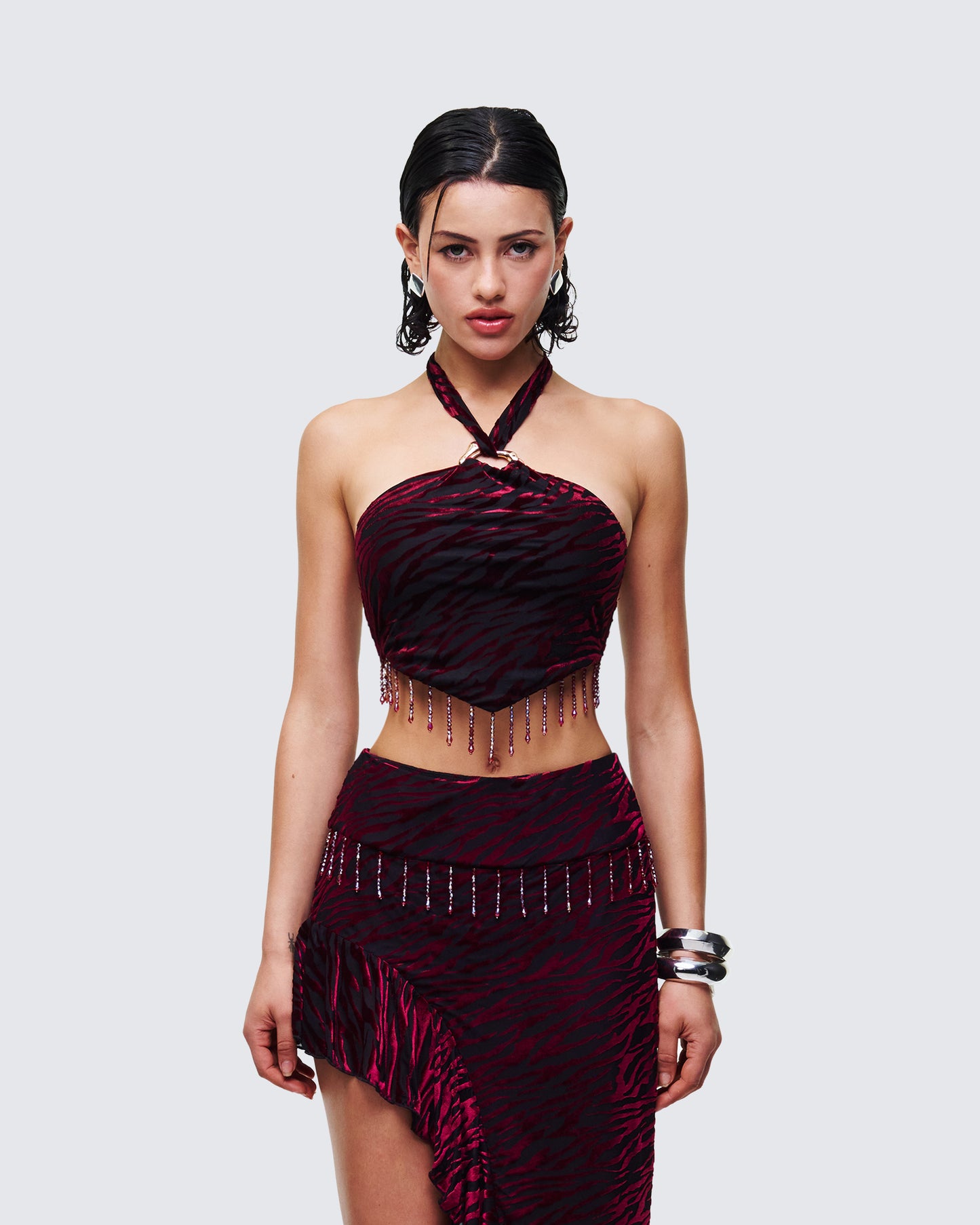 Kira Red Velvet Burn Out Beaded Top model front