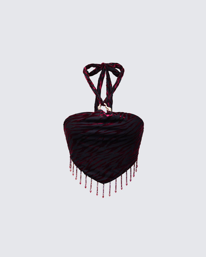 Kira Red Velvet Burn Out Beaded Top product front