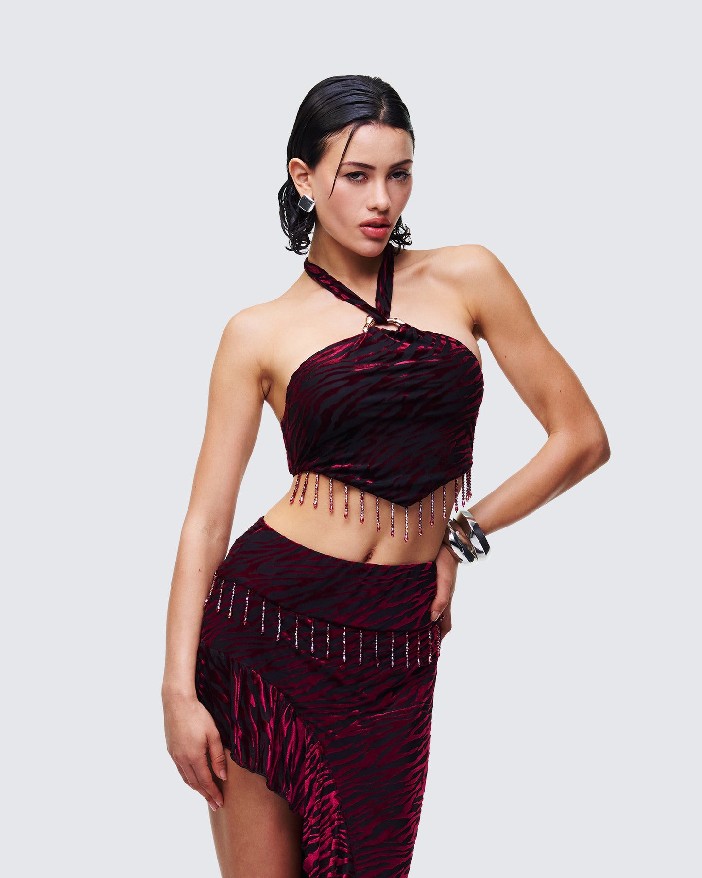Kira Red Velvet Burn Out Beaded Top