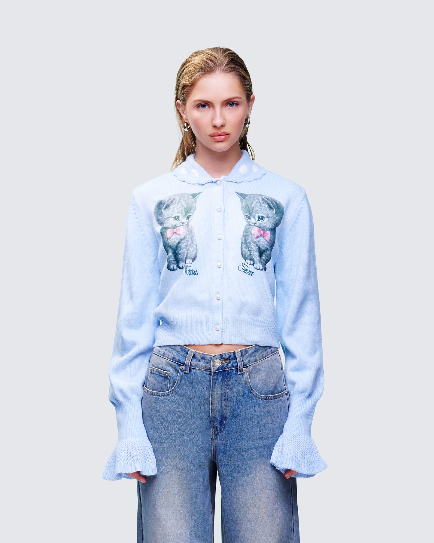 Kitty Blue Printed Cardigan model front