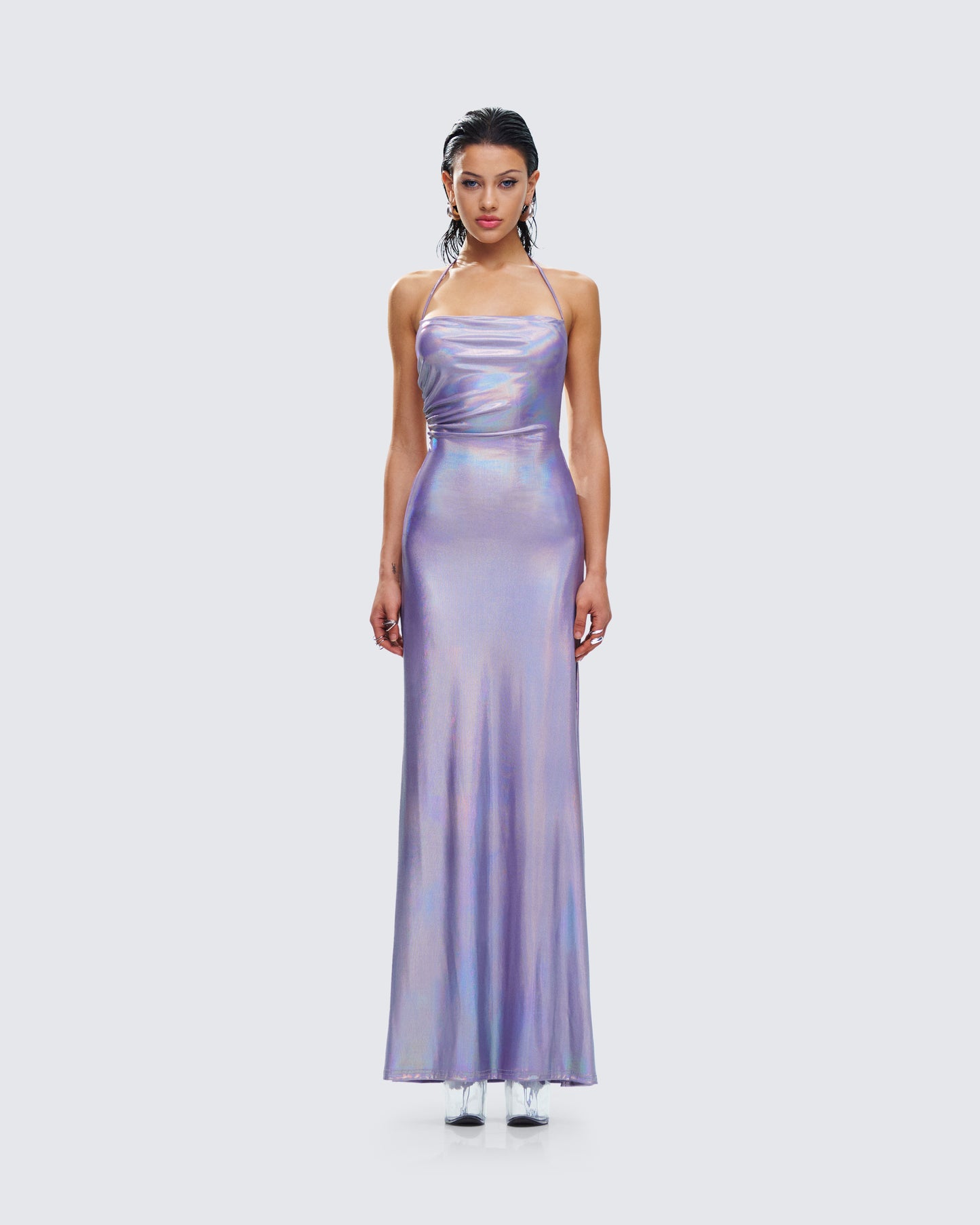 evening metallic dresses Metallic Keyhole Spaghetti Strap Long Prom Dress with Slit, Royal Blue / 8