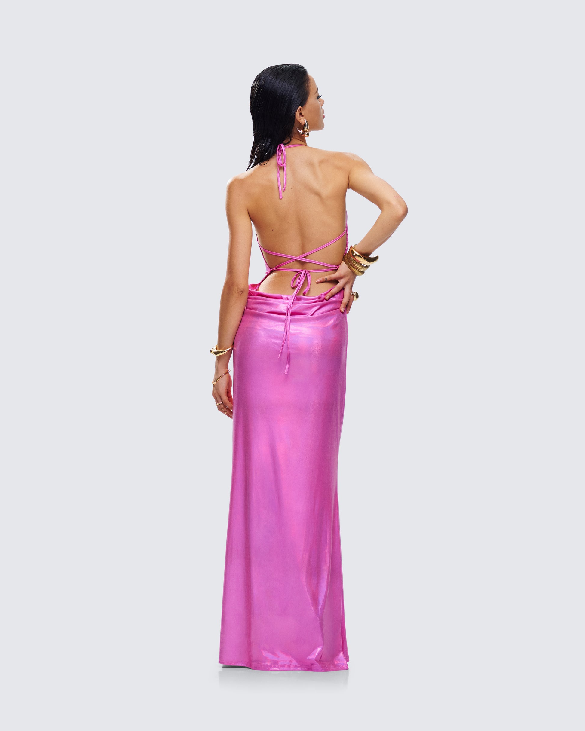 Pink Metallic Halter Gown - Backless Formal Dress FINESSE Pink Metallic Halter Gown - Backless Formal Dress FINESSE