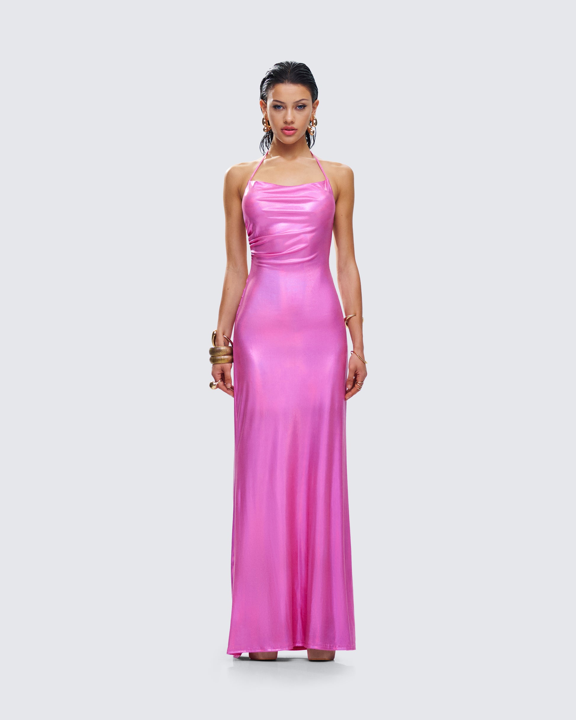 backless pink dresses Pink Metallic Halter Gown